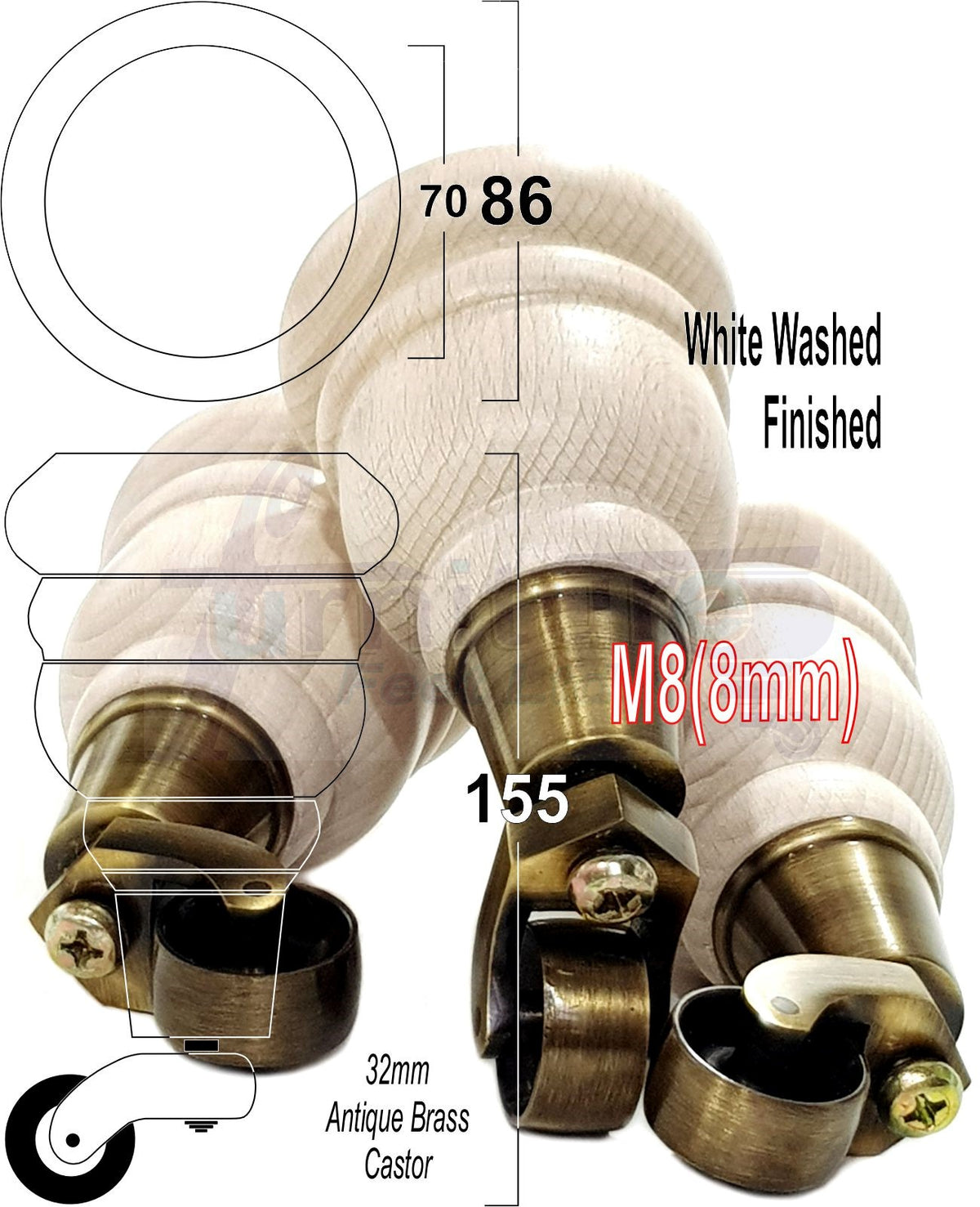 4 Turned Wooden Replacement Furniture Legs with Castors 6 Inch 155mm High Sofa Feet M8 Dowl Fixing - White Washed Finish