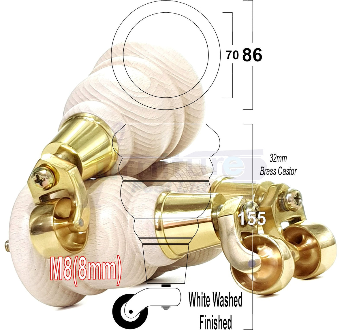 4 Turned Wooden Replacement Furniture Legs with Castors 6 Inch 155mm High Sofa Feet M8 Dowl Fixing - White Washed Finish