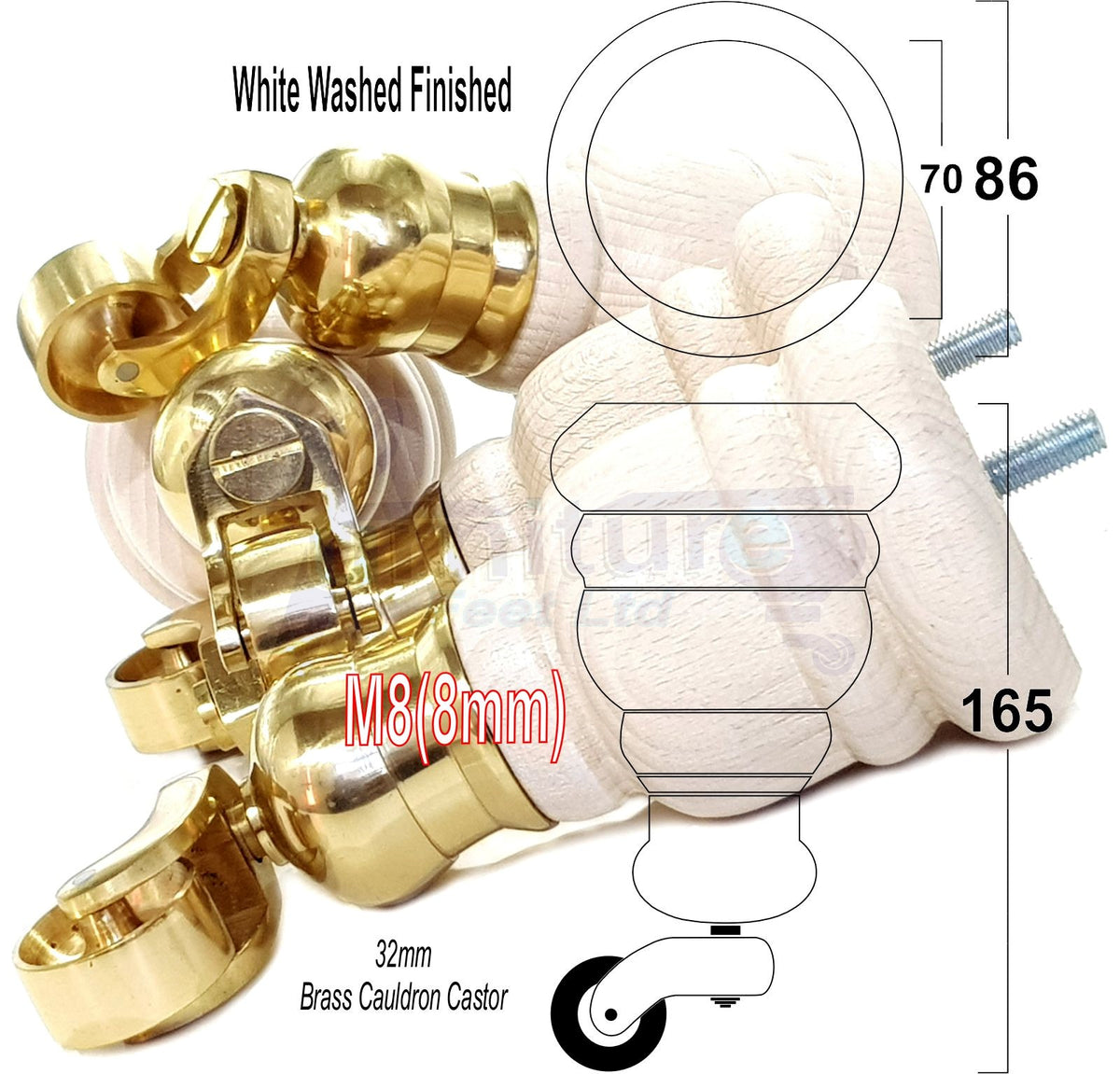 4 Turned Wooden Replacement Furniture Legs with Castors 6 Inch 155mm High Sofa Feet M8 Dowl Fixing - White Washed Finish