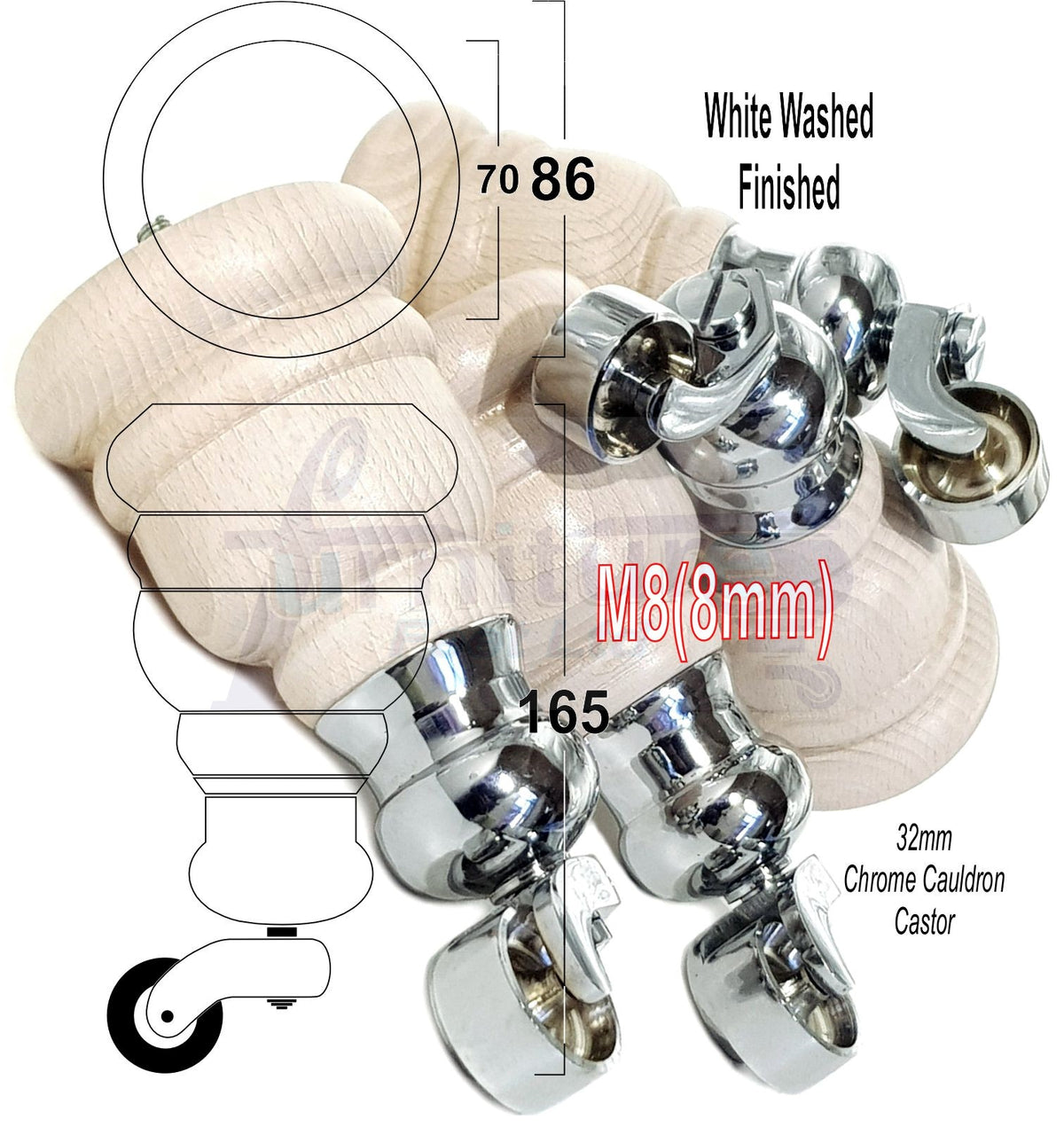 4 Turned Wooden Replacement Furniture Legs with Castors 6 Inch 155mm High Sofa Feet M8 Dowl Fixing - White Washed Finish