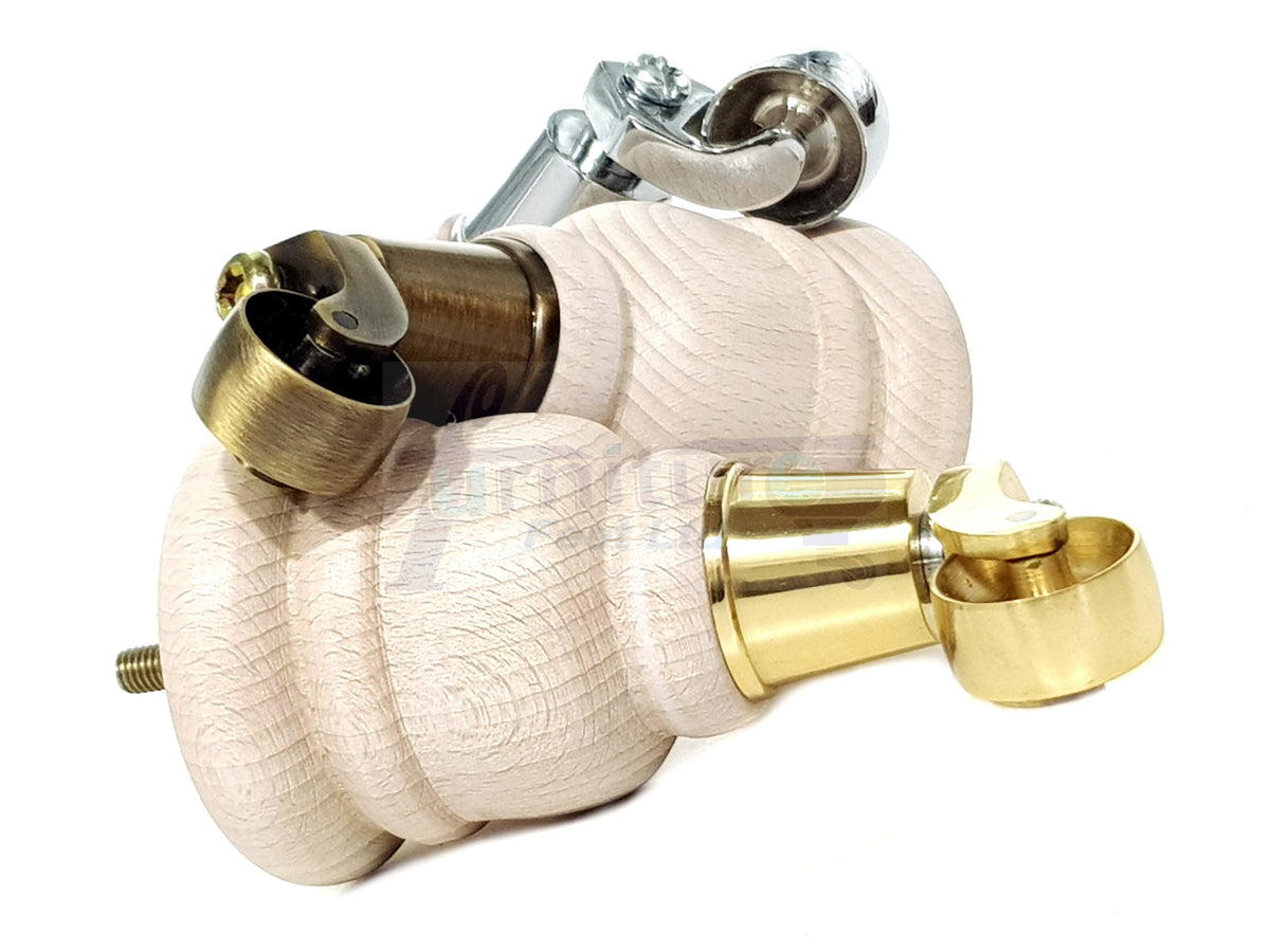 4 Turned Wooden Replacement Furniture Legs with Castors 6 Inch 155mm High Sofa Feet M8 Dowl Fixing - White Washed Finish