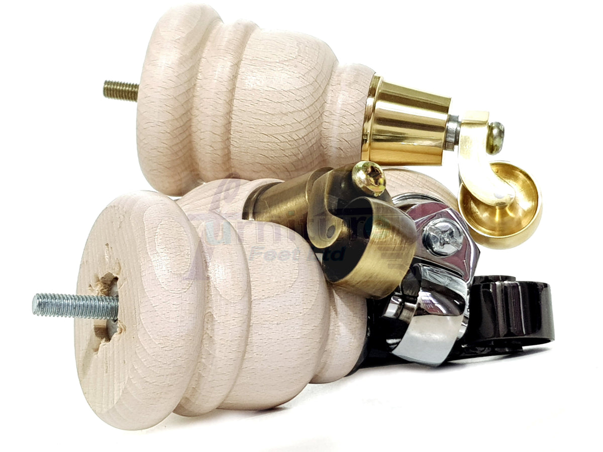 4 Turned Wooden Replacement Furniture Legs with Castors 6 Inch 155mm High Sofa Feet M8 Dowl Fixing - White Washed Finish