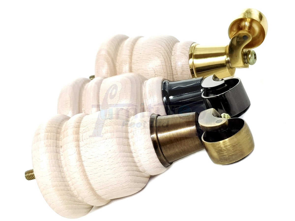 4 Turned Wooden Replacement Furniture Legs with Castors 6 Inch 155mm High Sofa Feet M8 Dowl Fixing - White Washed Finish