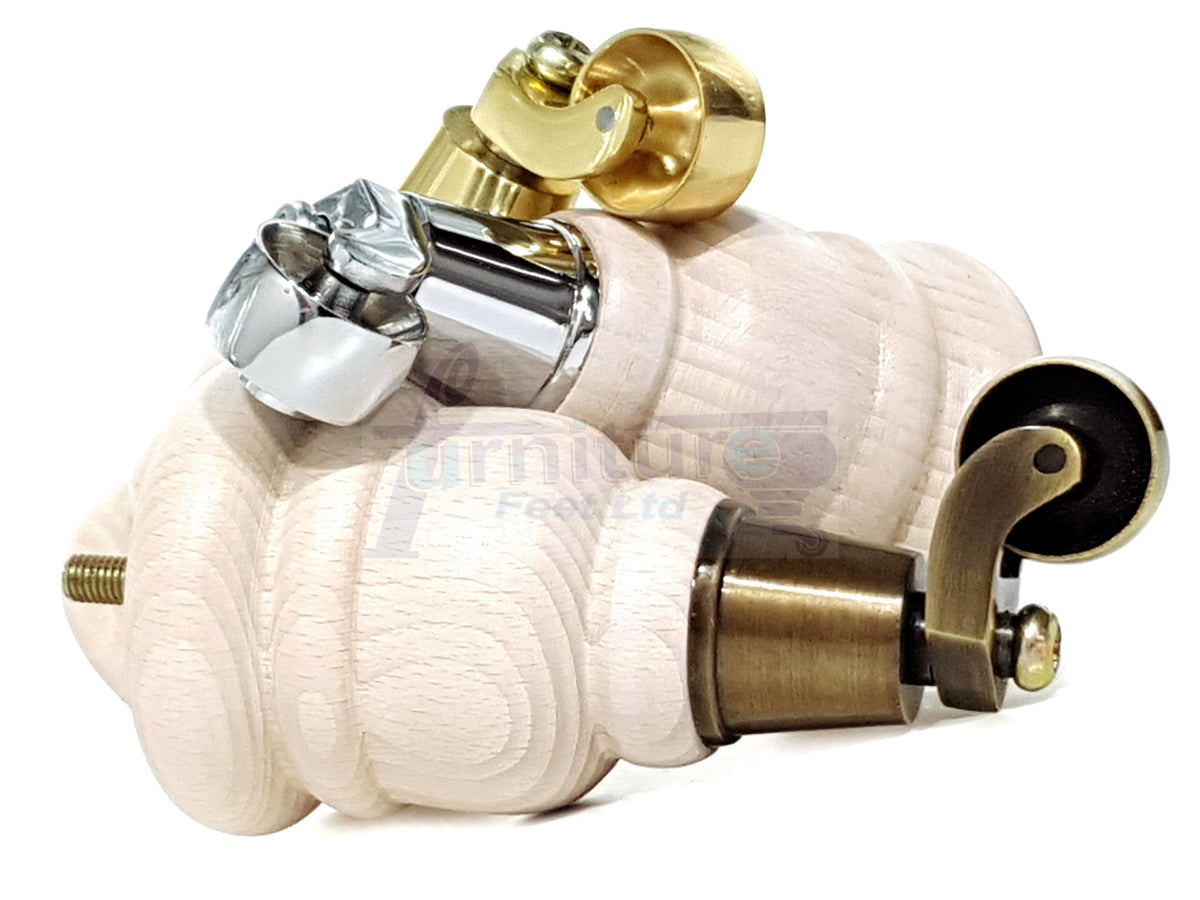 4 Turned Wooden Replacement Furniture Legs with Castors 6 Inch 155mm High Sofa Feet M8 Dowl Fixing - White Washed Finish