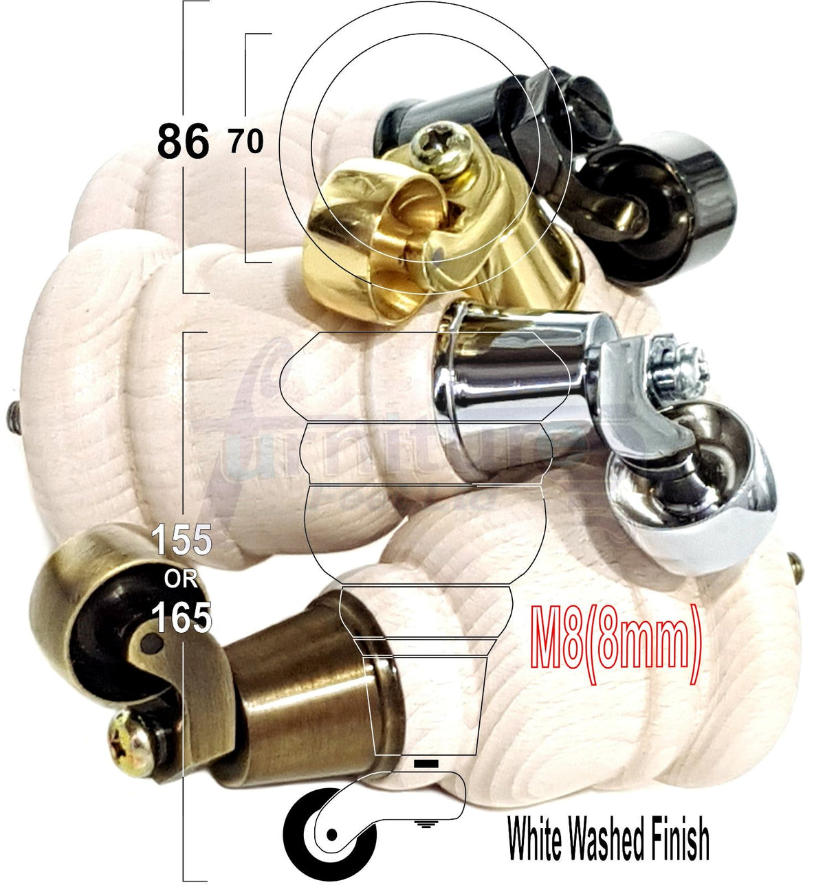 4 Turned Wooden Replacement Furniture Legs with Castors 6 Inch 155mm High Sofa Feet M8 Dowl Fixing - White Washed Finish