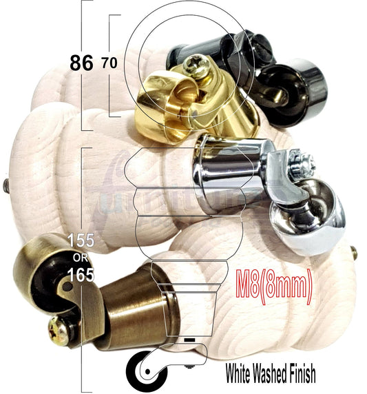 4 Turned Wooden Replacement Furniture Legs with Castors 6 Inch 155mm High Sofa Feet M8 Dowl Fixing - White Washed Finish
