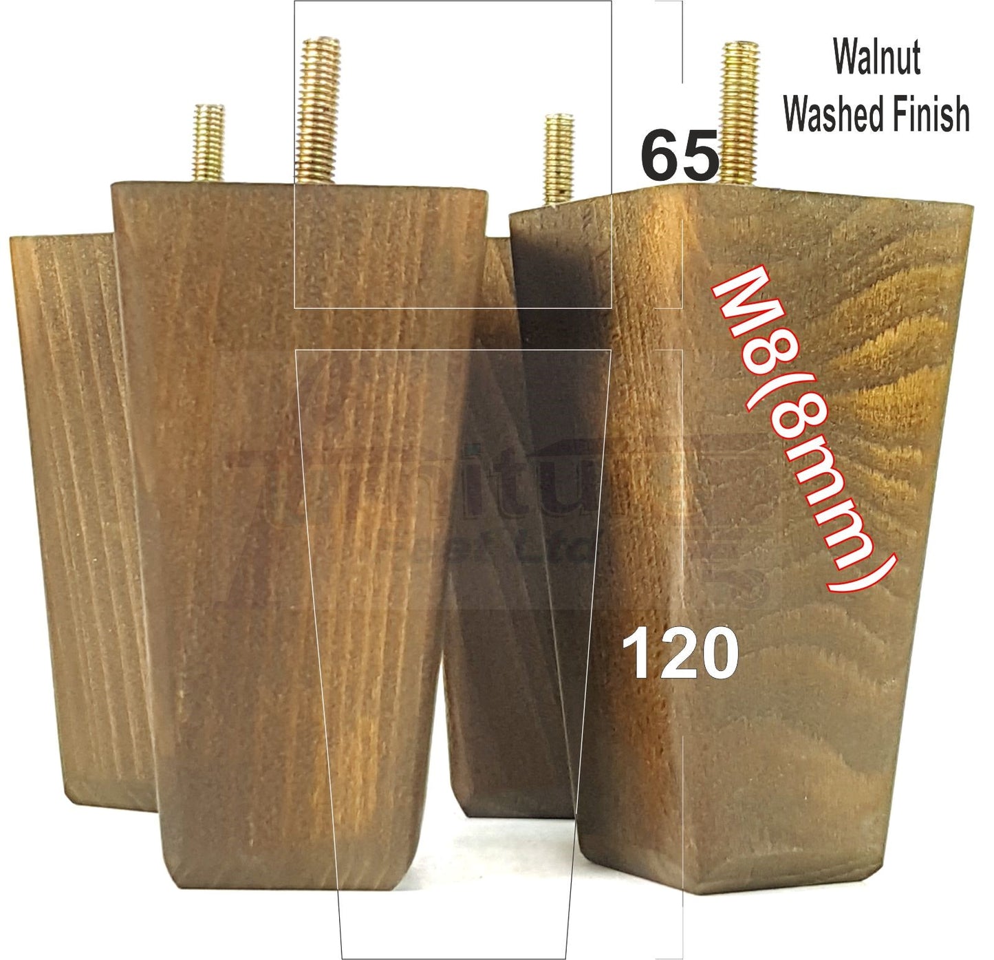 4x Wooden Furniture Legs 120mm High Replacement Square Tapered Feet 8mm