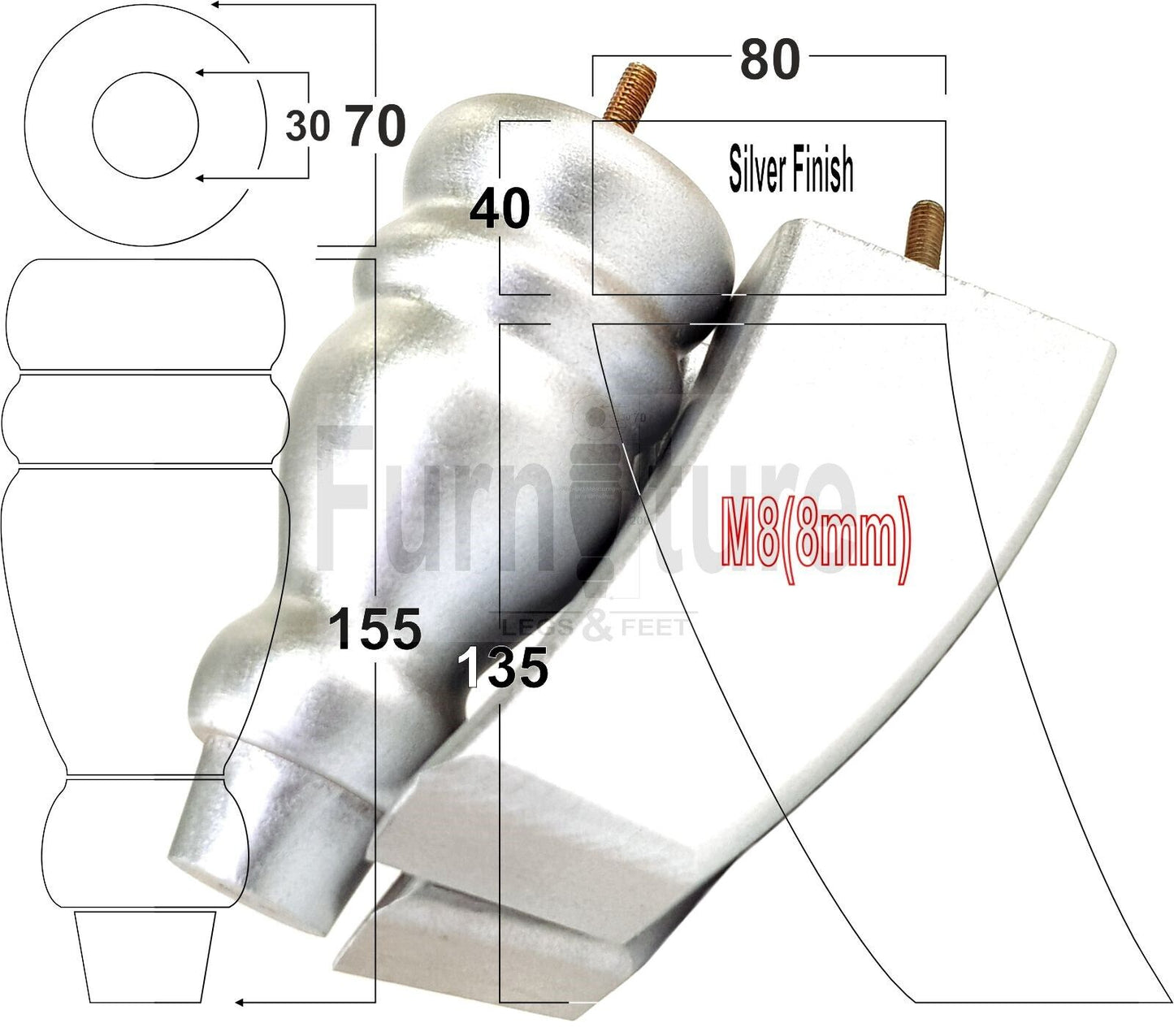 2x Turned Wood Furniture Feet 155mm and 2 Curved Back Legs Sofas Chairs Beds M8 Thread 6 Inches