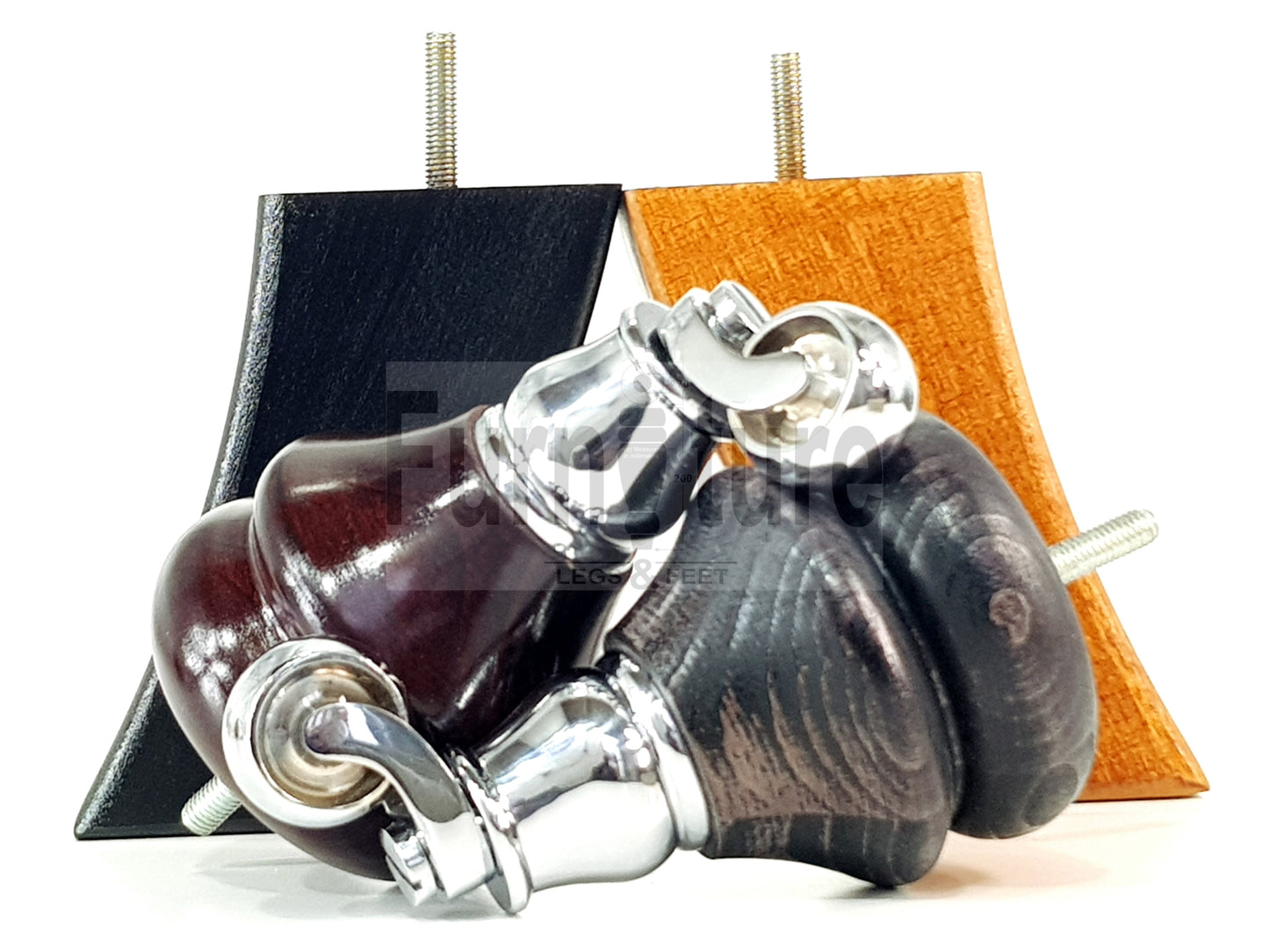 Turned Wood Furniture Feet 2 With Chrome Castors 140mm & 2 Curved Back Legs Sofas Chairs Cabinets Beds M8