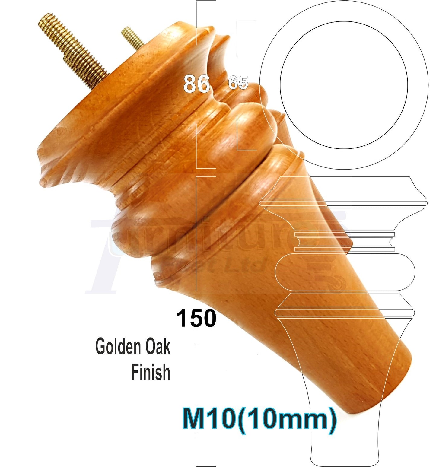 4 Turned Furniture Legs 150mm High Replacement Feet M10 Thread For Settees Chairs Sofas