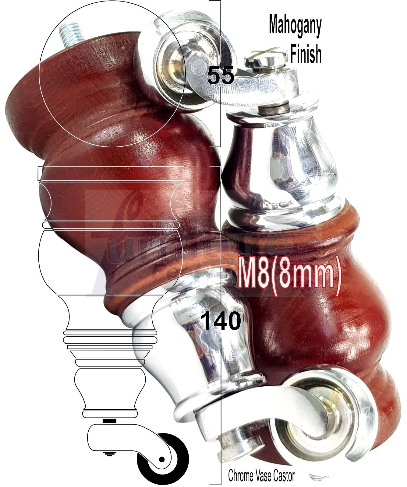 4x Turned Wood Furniture Legs With Chrome Castor Wheels 150mm High M8(8mm)