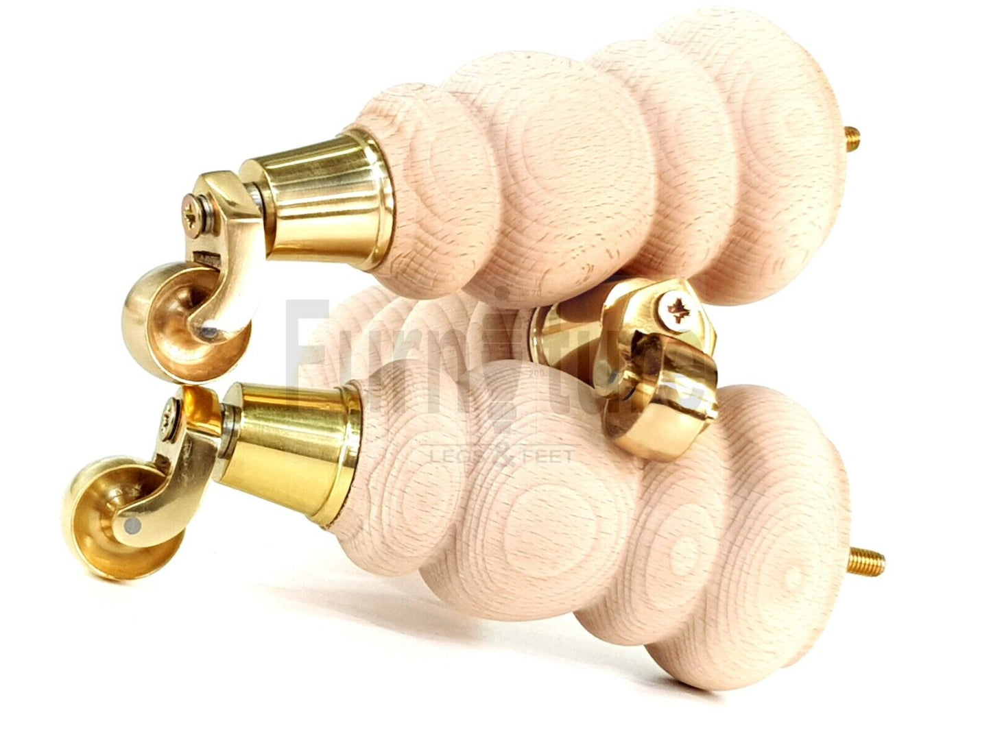 4x Turned Solid Wood Furniture Legs With Brass Castors Replacement Feet 200mm High 8mm Thread
