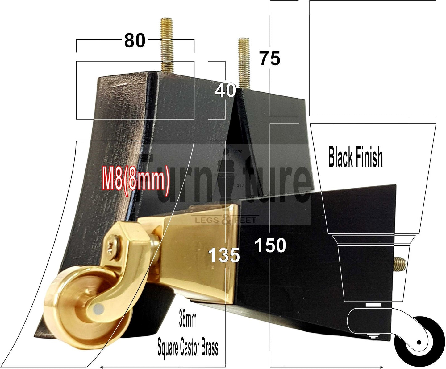 Set Of 4 Block Wood Castor Furniture Feet M8(8mm) For Chairs Cabinets Sofa 15cm High