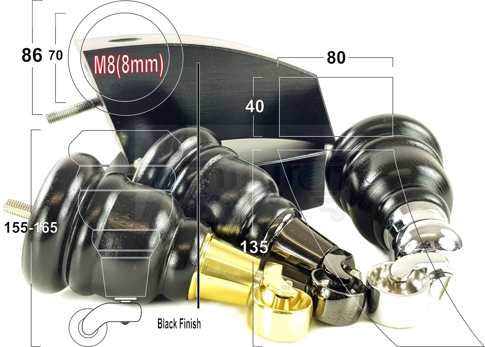 Black Turned Wood Furniture Feet 2 With Castors 155mm and 2 Curved Back Legs Sofas Chairs Stools Cabinets Beds M8 6 Inches