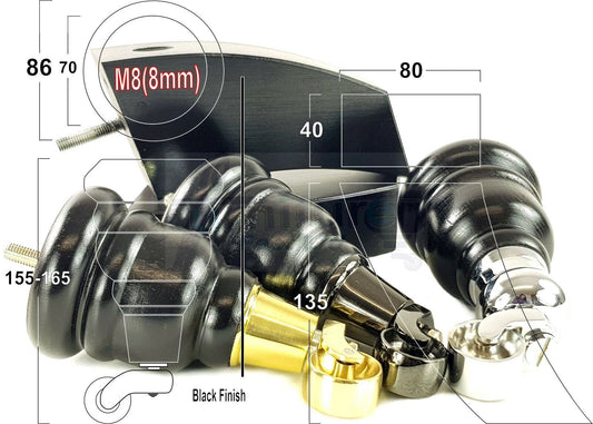 Black Turned Wood Furniture Feet 2 With Castors 155mm and 2 Curved Back Legs Sofas Chairs Stools Cabinets Beds M8 6 Inches