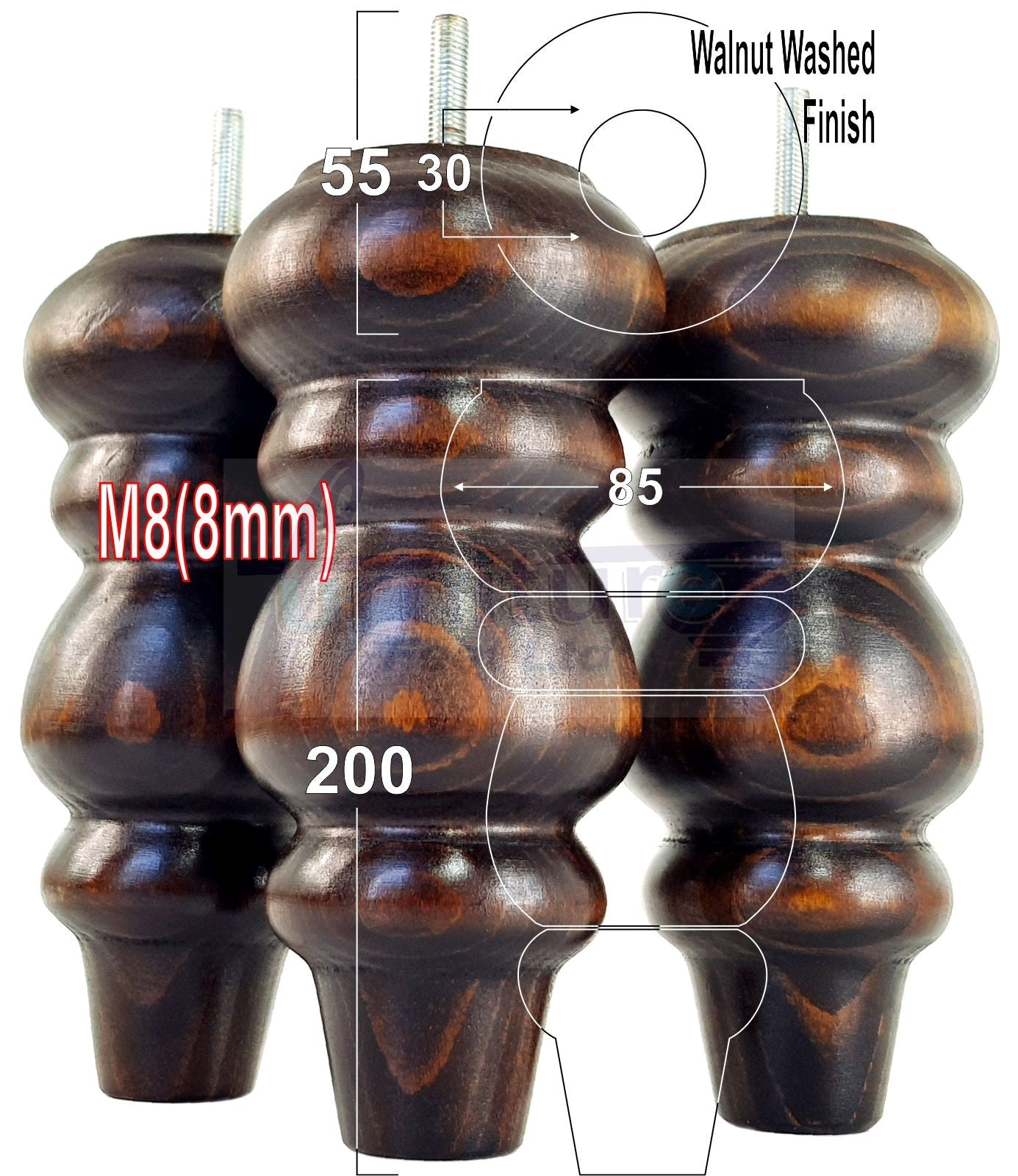 4 Solid Wood Furniture Legs Replacement Turned Feet 200mm High M8(8mm) Thread: Dark Walnut Washed