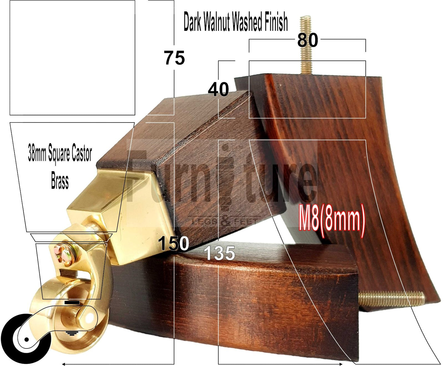 4x Block Wood Furniture Legs With Castor 8mm Thread For Chairs Settees Sofa 150mm High