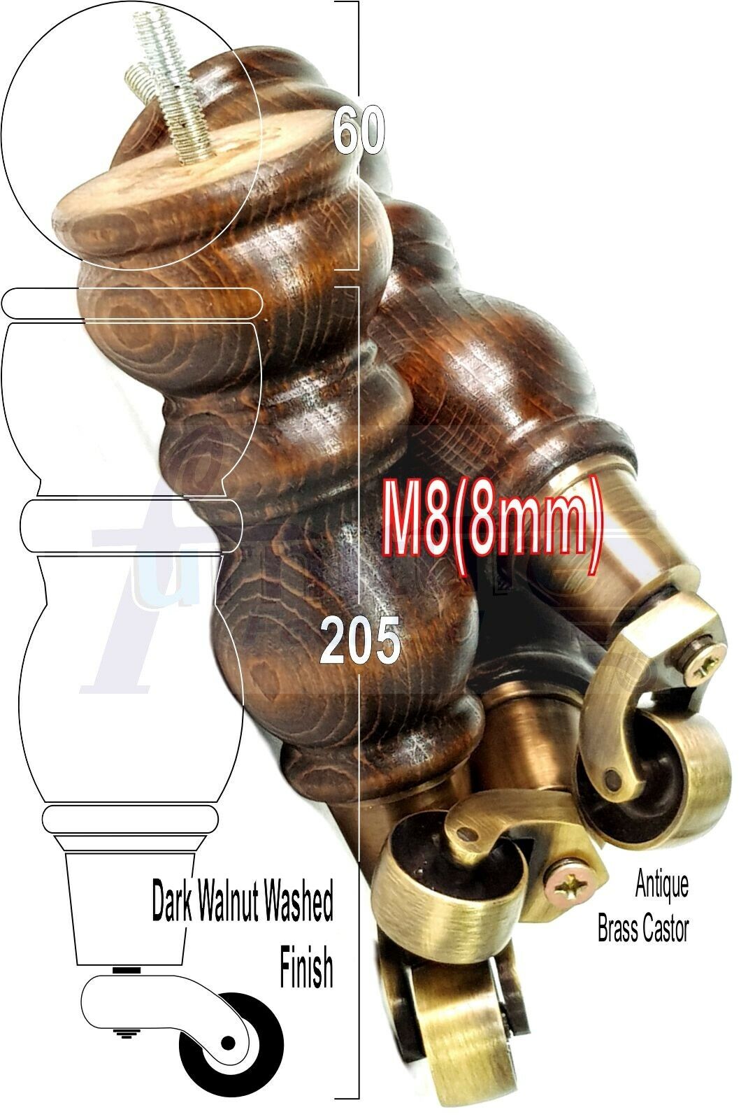 4x Furniture Feet With Castor 205mm High Legs Walnut Wood Finish M8 Sofas Chairs Stools Cabinets 8 Inches Tall