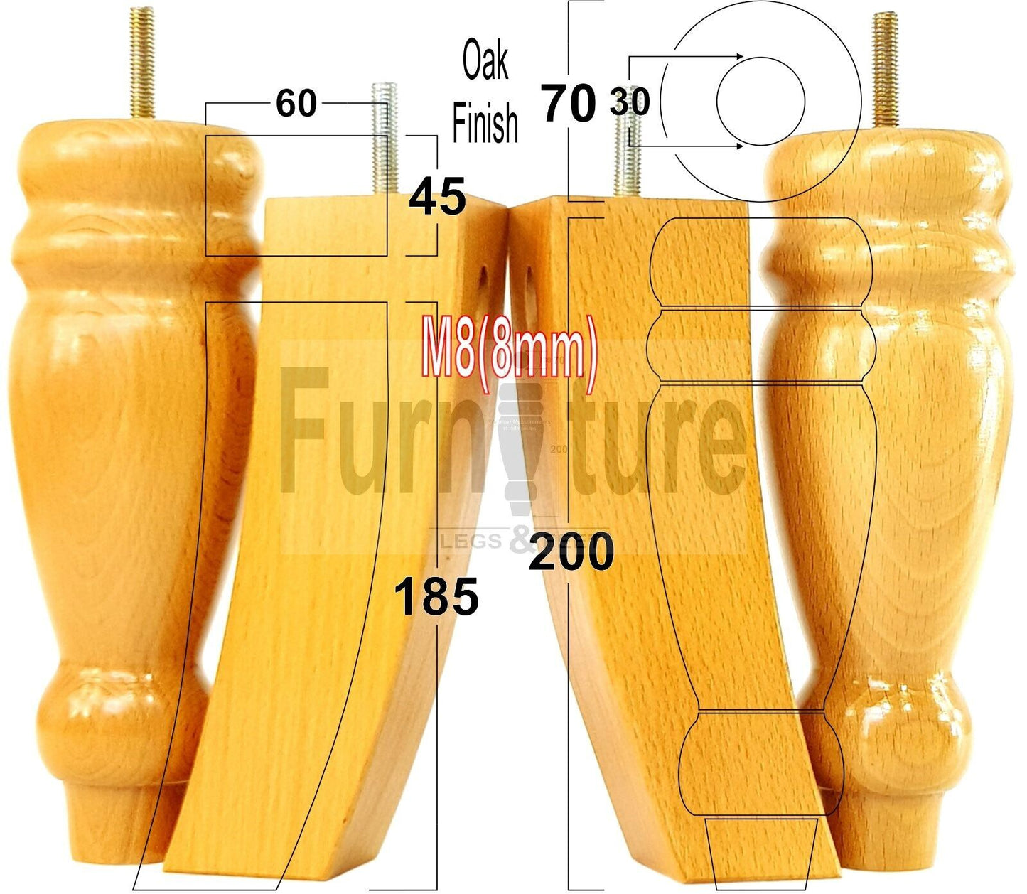 2 Traditional Turned Furniture Feet Replacement Sofa Legs 200mm & 2 Curved Back Legs 185mm for Chairs Stools Sofa Beds Settee Cabinets M8