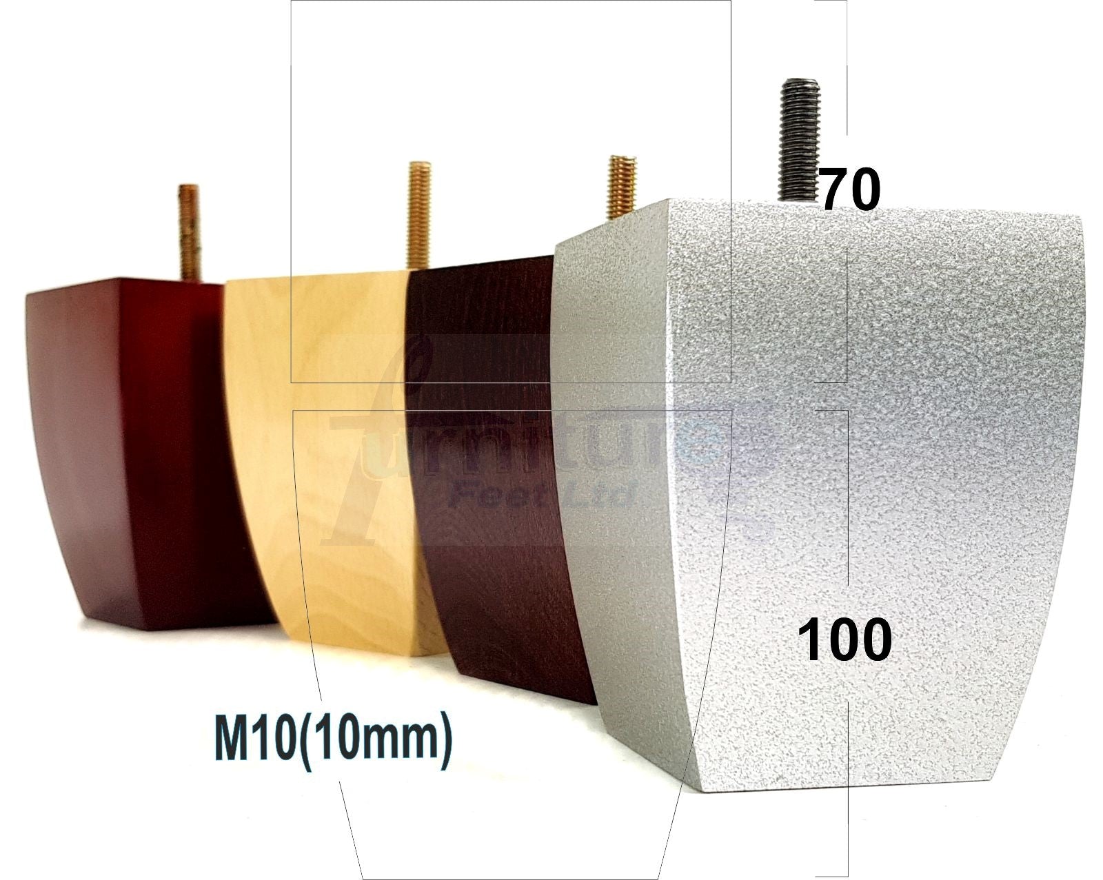 Set Of 4 Square Block Solid Wood Furniture Feet Replacement Legs 100mm High M10 Thread
