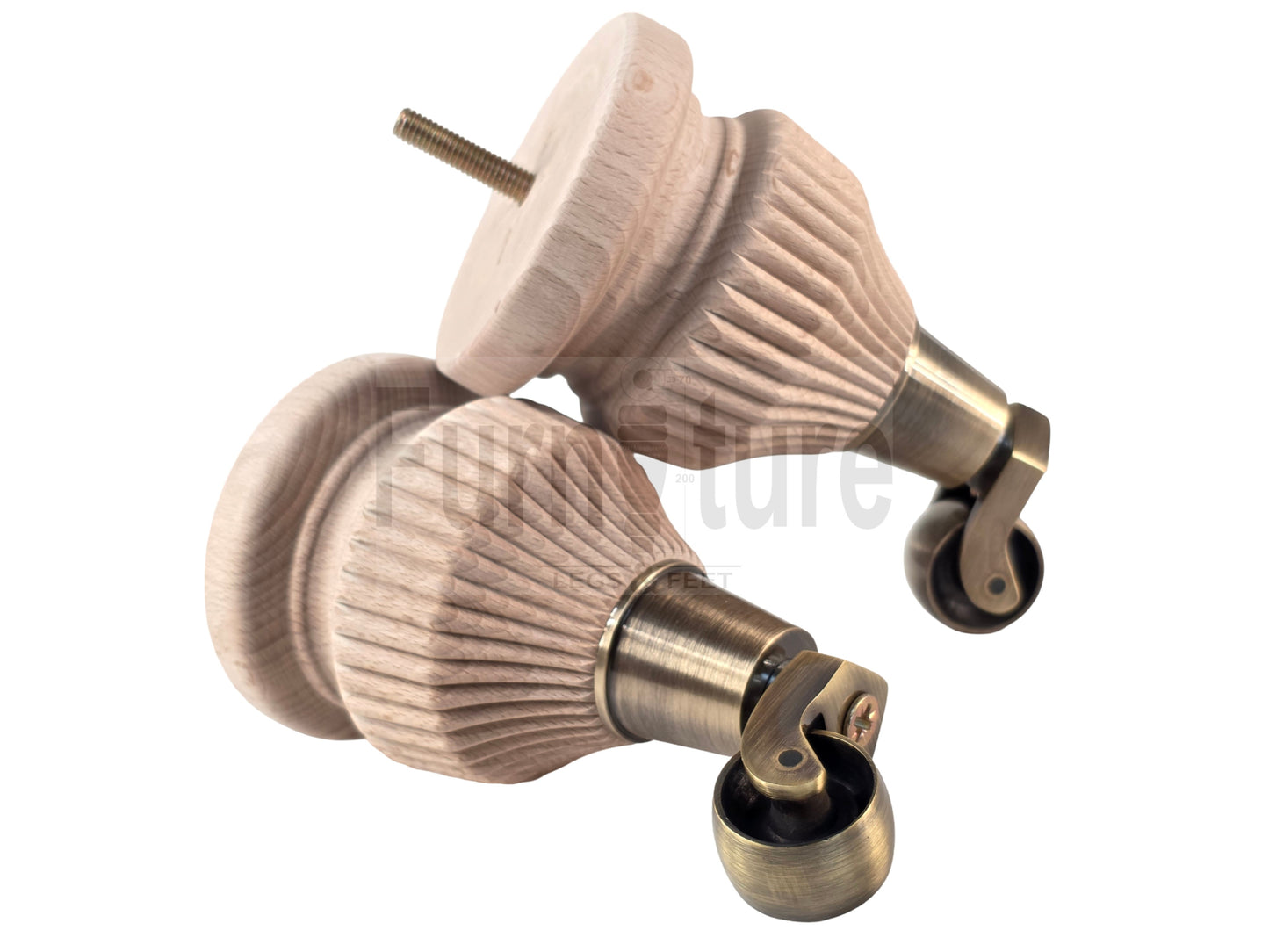 Wood Furniture Legs Replacement Feet 6 Inches with Castors 155mm High M8 Dowl Fixing - Raw Wood