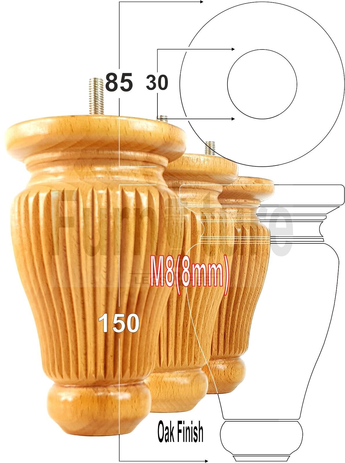 4 Solid Wood Traditional Turned Furniture Legs Replacement Bun Feet 150mm High Multiple Colours Chairs Stools Sofas Beds Settee Cabinets M8