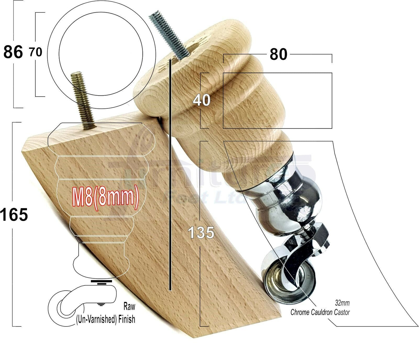 Turned Furniture Feet 2 With Castors 155mm and 2 Curved Back Legs Raw Wood for Sofas Chairs Stools Cabinets Beds M8 6 Inches