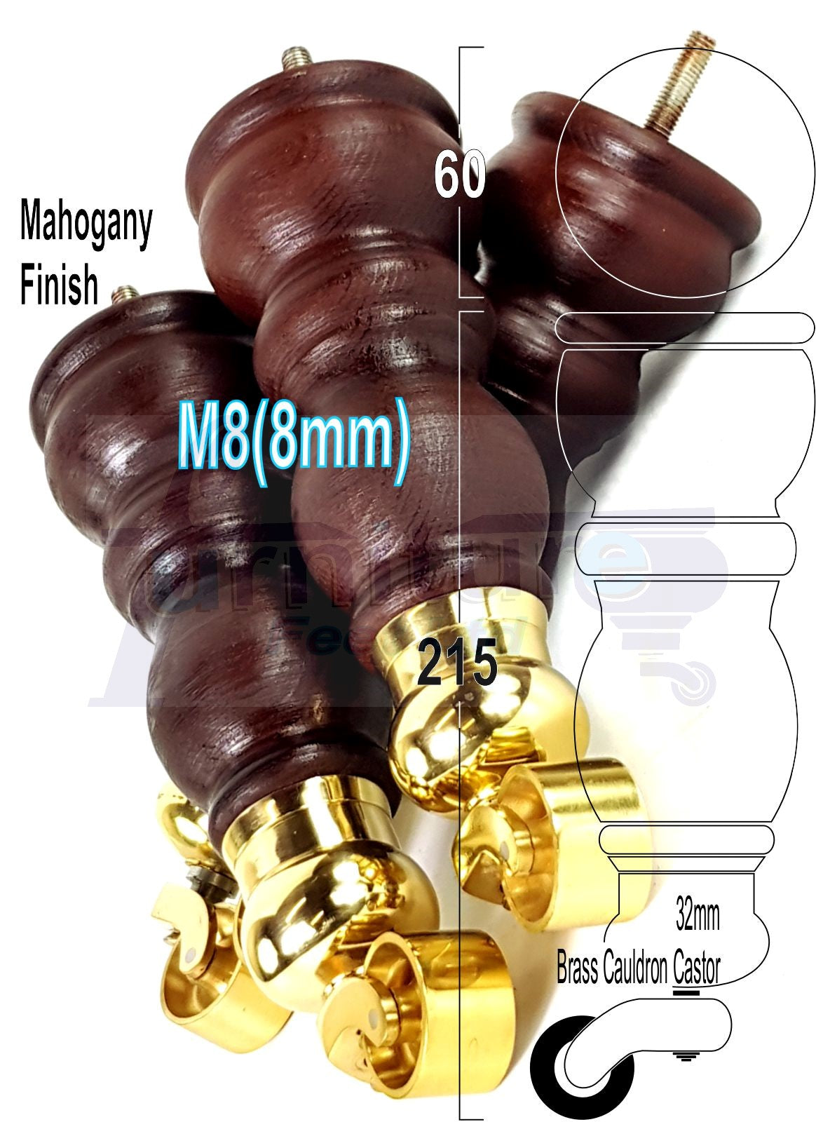 2x Solid Wood Turned Furniture Legs Replacement Castor Feet 205mm High Mahogany Chairs Stools Sofa Settee Cabinets M8