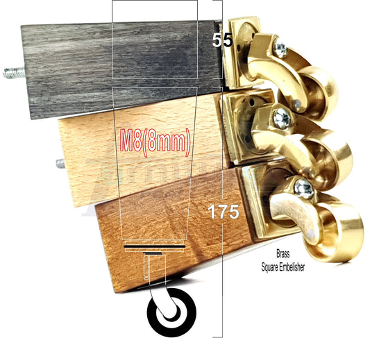 4x Solid Wood Furniture Legs Chair Sofa Bed Replacement Feet 175mm High With Brass Castors 8mm Thread