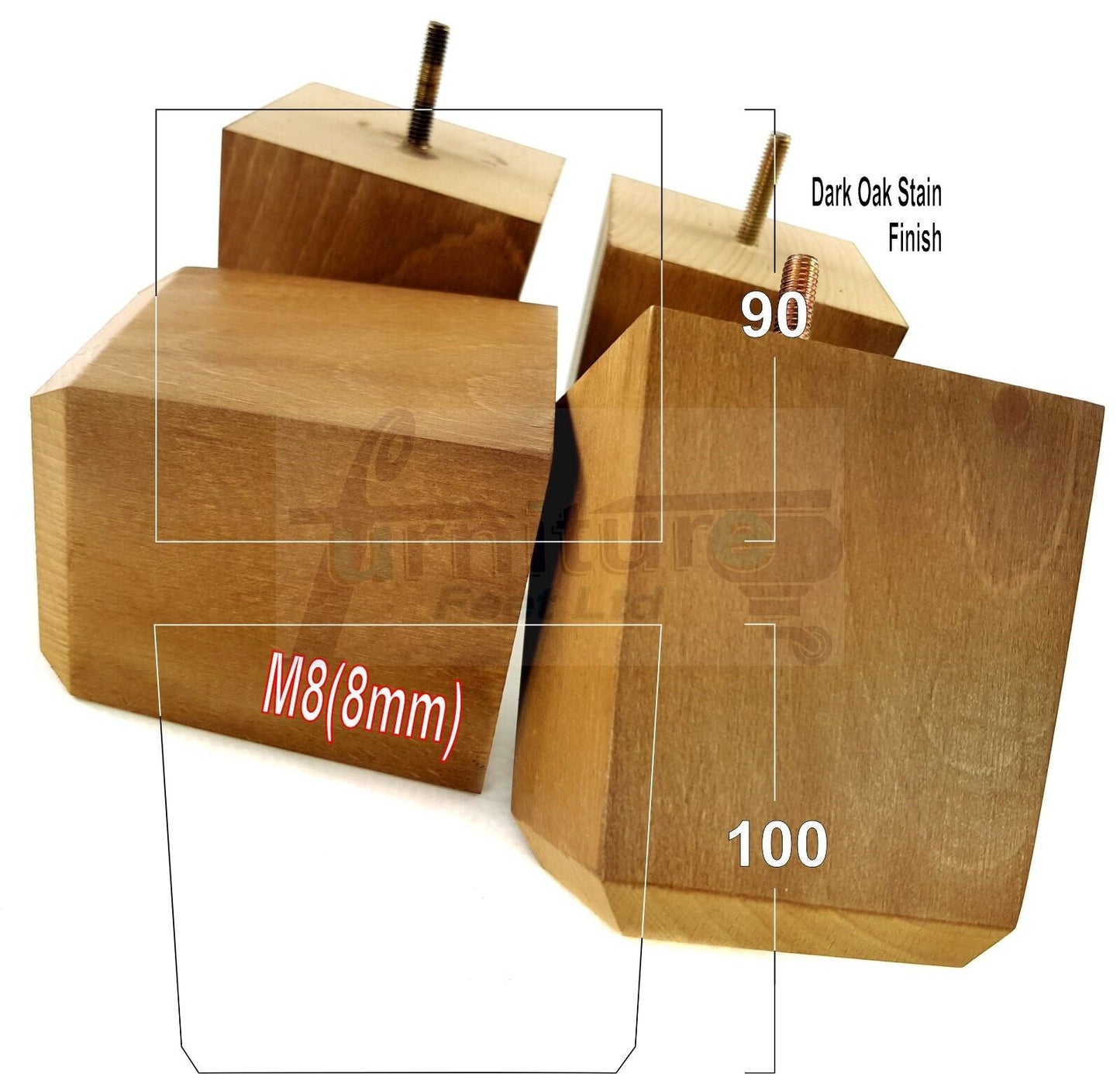 4x Solid Wood Square Furniture Legs Block Replacement Feet 100mm M8(8mm)