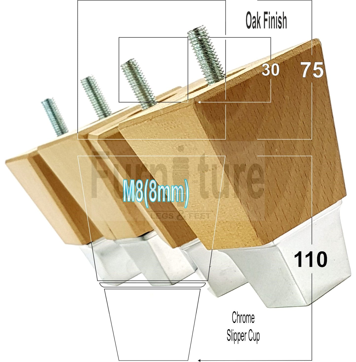 4x Block Wood With A Chrome Slipper Cup Furniture Chair Settee Legs M8 Sofa Feet 110mm