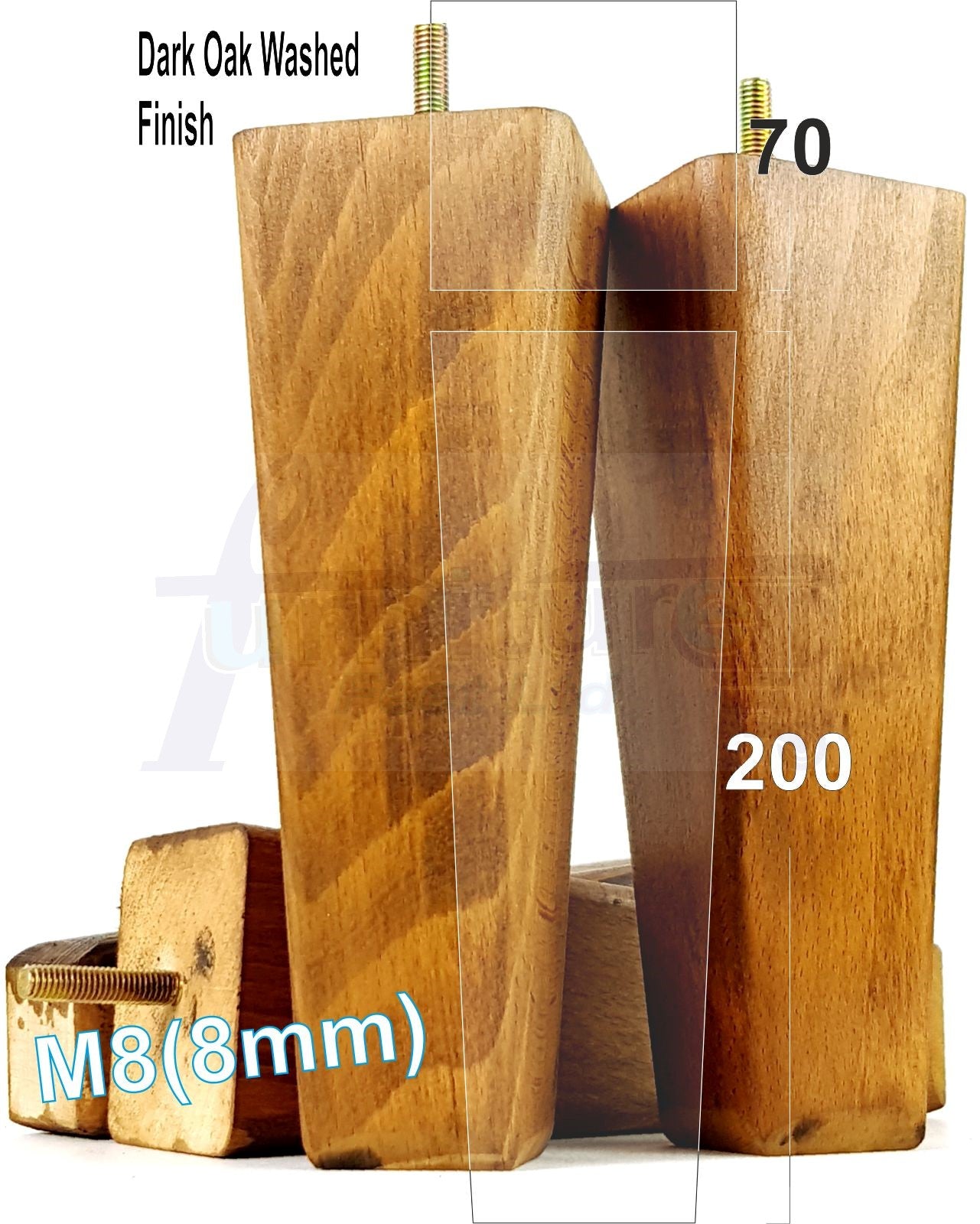 4x Wooden Furniture Legs 200mm High Replacement Square Tapered Feet 8mm