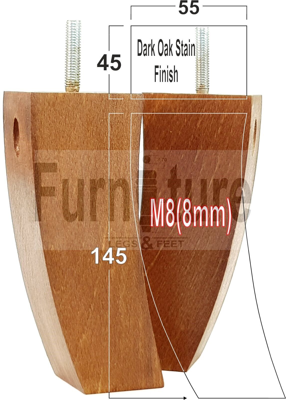 Set Of 4 Solid Wood Curved Furniture Feet Replacement Legs 145mm High M8(8mm)