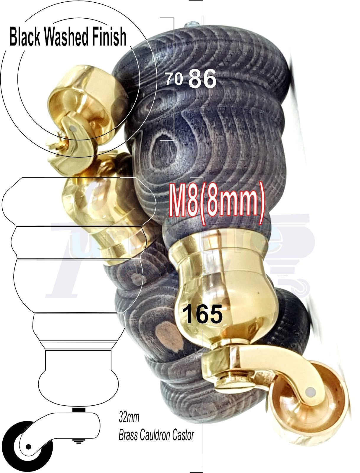 4 Turned Wood Furniture Feet With Brass Cauldron Castors 160mm Legs Sofas Chairs Stools Cabinets Beds M8 6 Inches