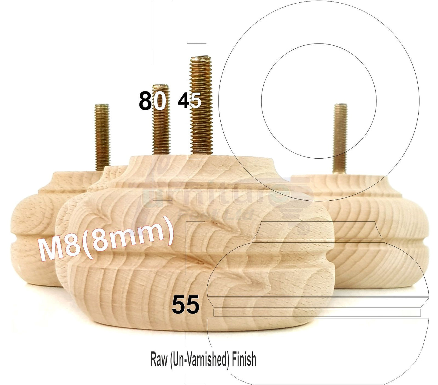 4x Soild Turned Wood Replacment Furniture Legs Sofa Feet 55mm High 8mm Thread
