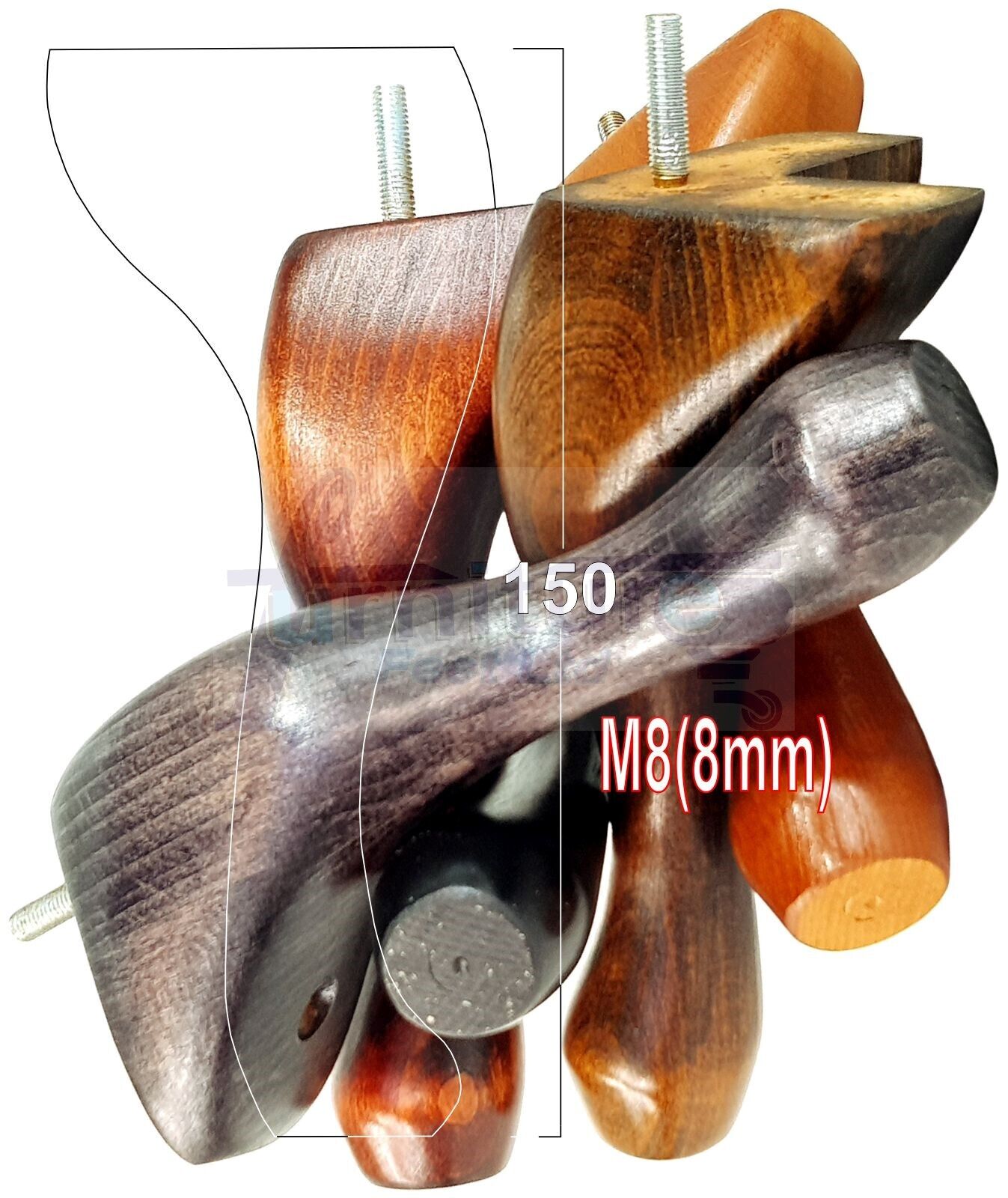 4 Solid Wood Furniture Feet 150mm High Queen Anne Replacement Legs M8 (8mm) 6 Inches Chair Stools Bed Sofa Georgian Style