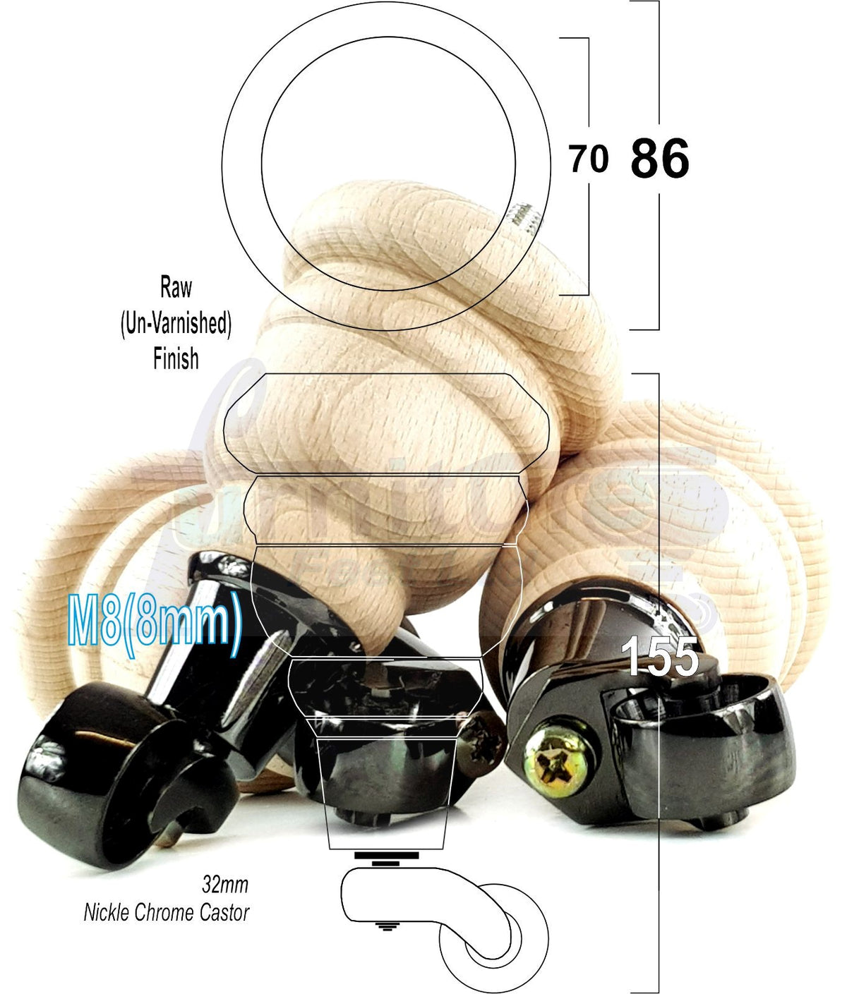4 Turned Wooden Replacement Furniture Legs with Castors 6 Inch 155mm High Sofa Feet M8 Dowl Fixing - Black Castor