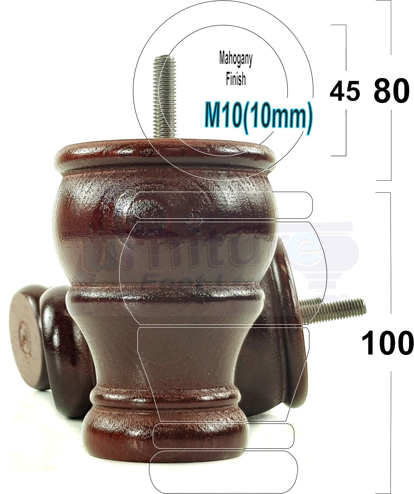 4 Turned Wood Furniture Legs Replacement Sofa Settee Chair Bed Feet 100mm High M10 Thread