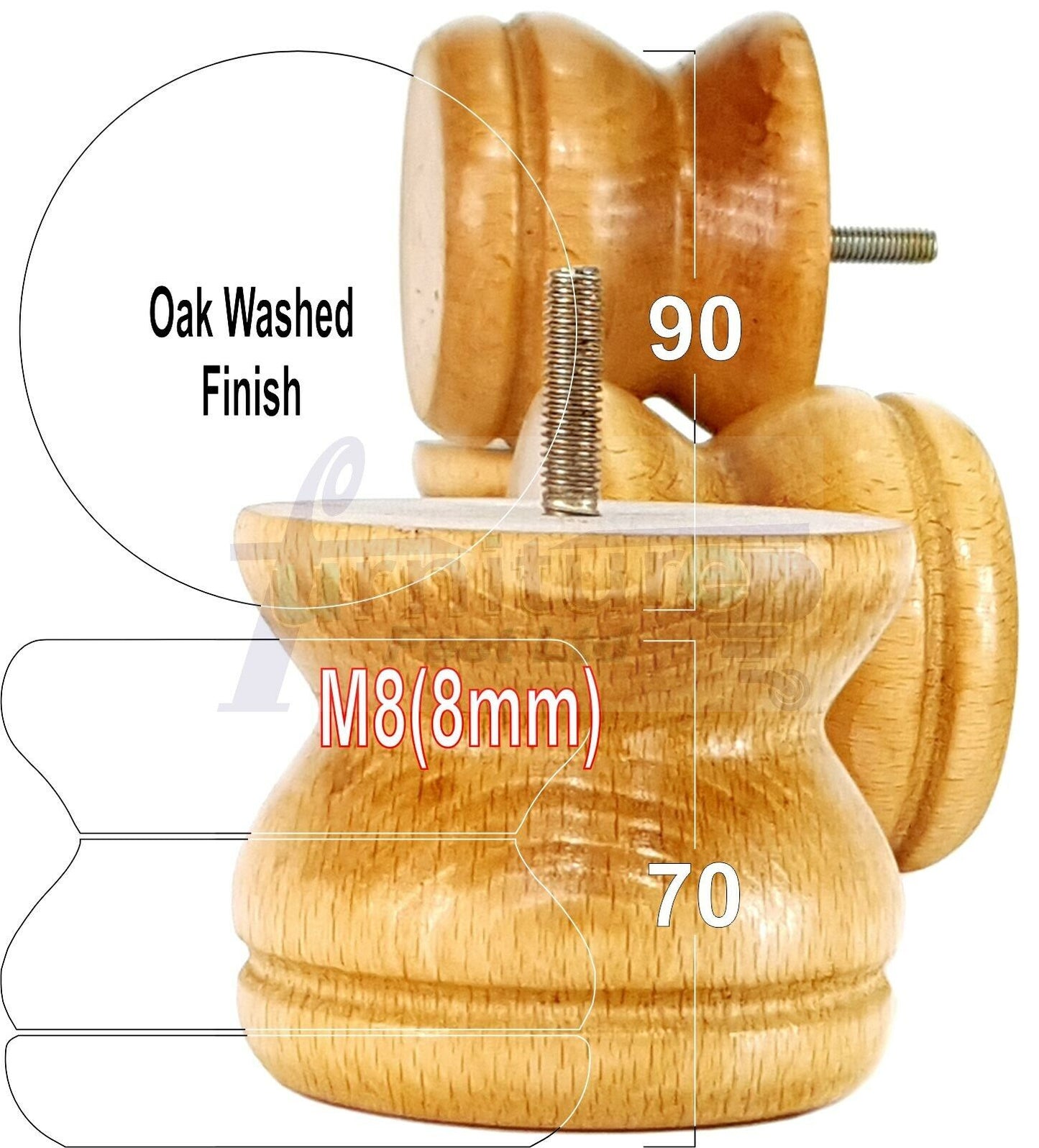 4x Turned Solid Wood Furniture Legs Replacement Bun Feet 70mm High 8mm Thread