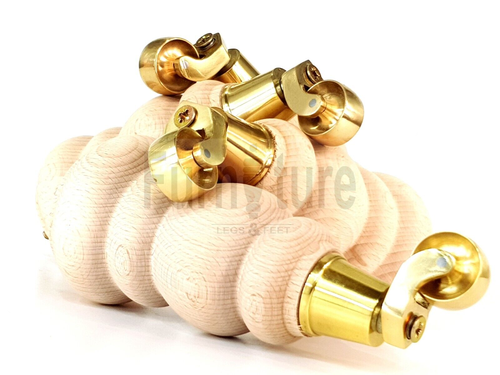 4x Turned Solid Wood Furniture Legs With Brass Castors Replacement Feet 200mm High 8mm Thread