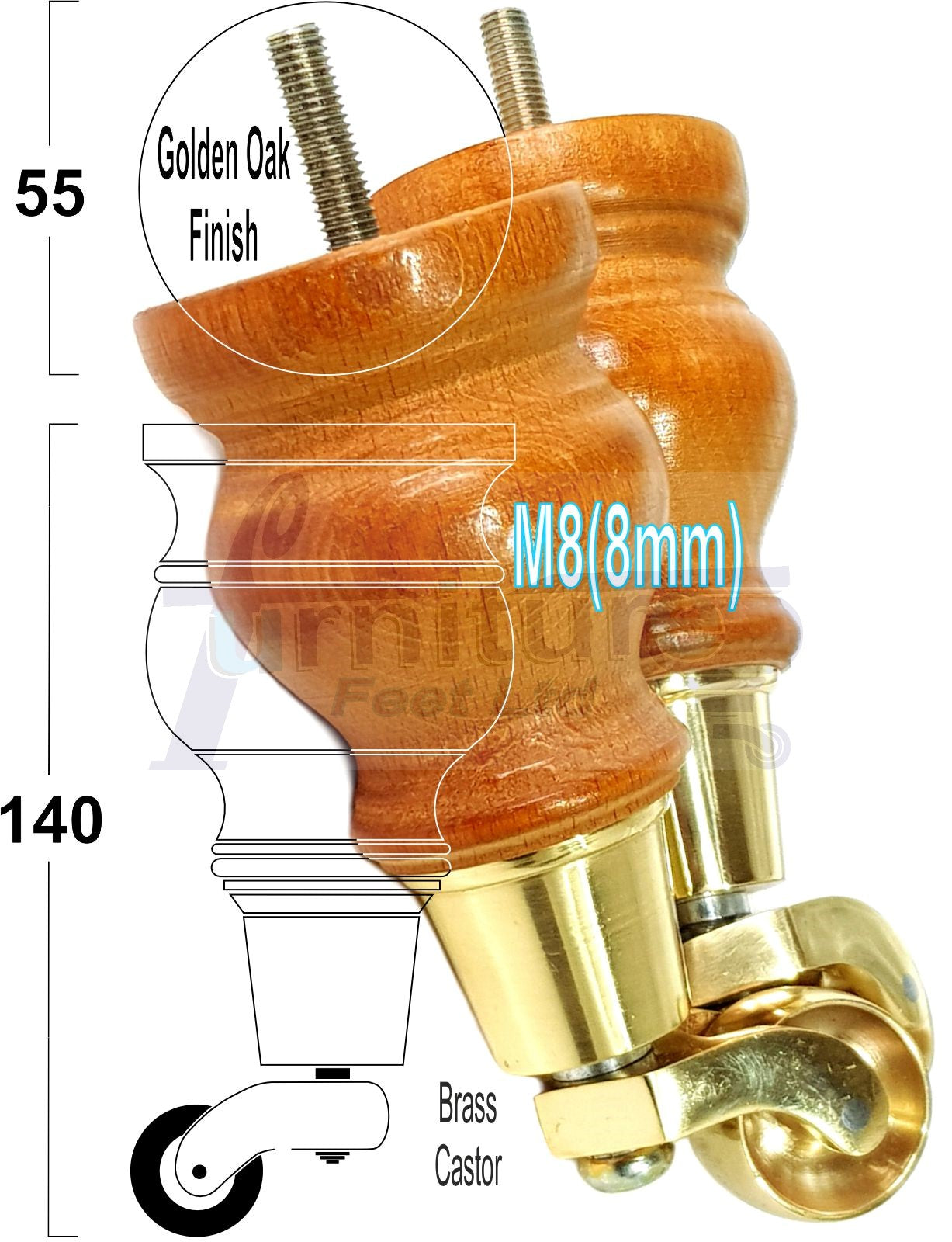 Set Of 4 Turned Wood Furniture Legs With 150mm High Castor 8mm Thread For Chairs Settees & Cabinets Golden Oak Finish