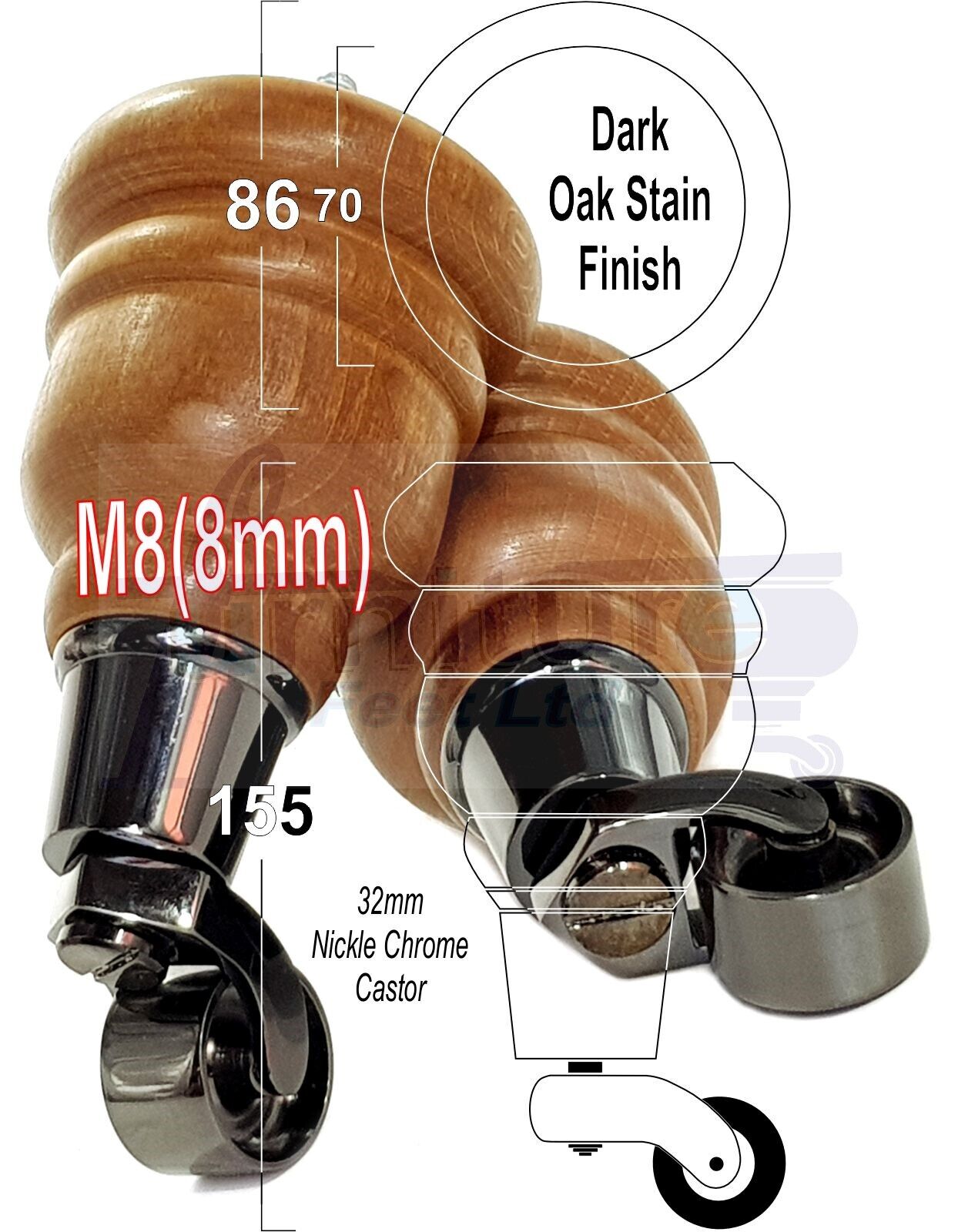 4 Turned Dark Oak Stain Wood Furniture Feet With Castors 155mm Legs Sofas Chairs Stools Cabinets Beds M8 6 Inches	