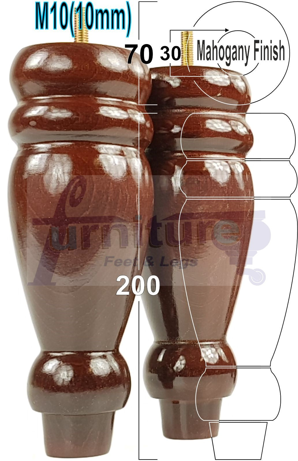 Set Of 4 Turned Furniture Legs Replacement Sofa Feet 200mm Hight M10 Thread