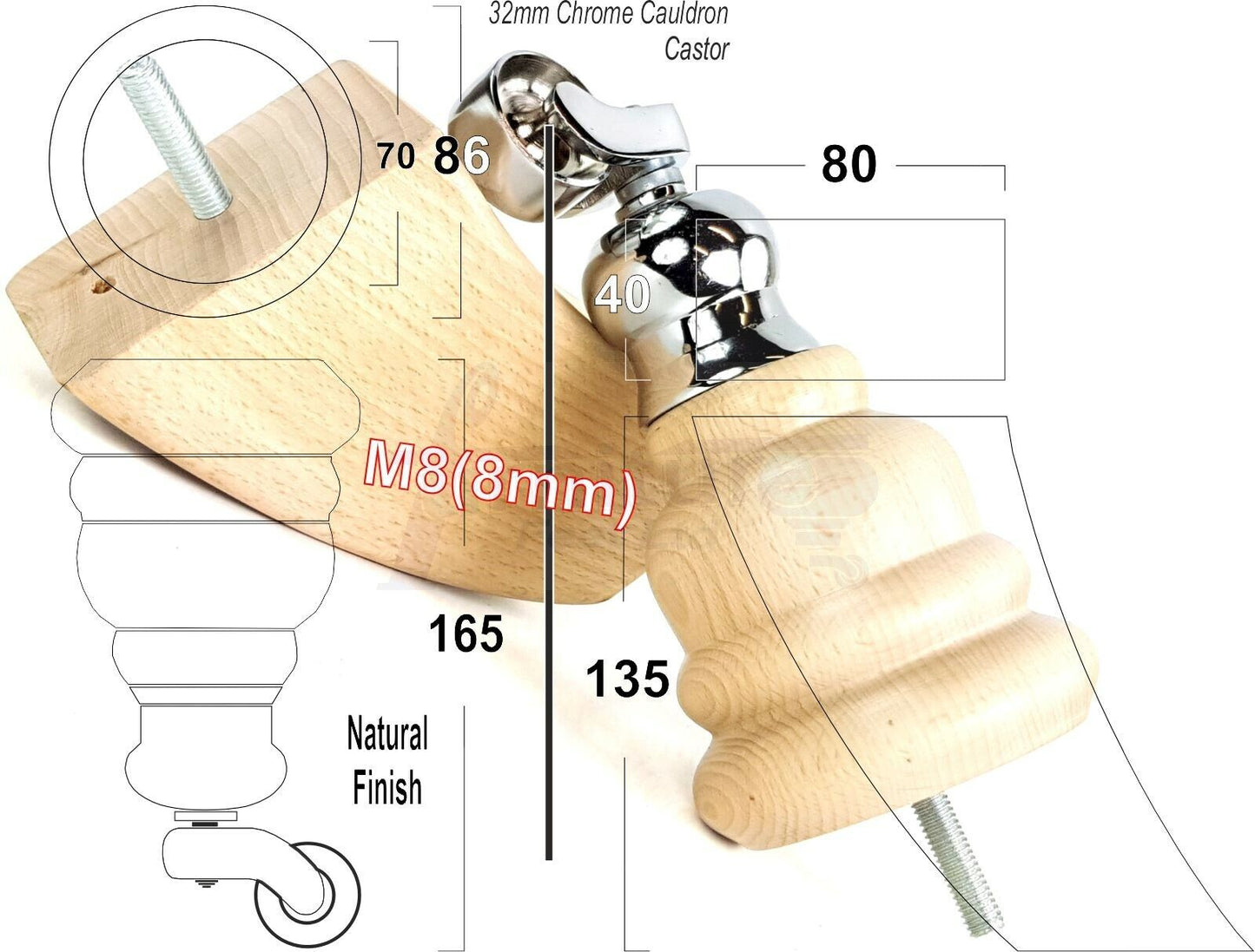 Turned Natural Wood Furniture Feet 2 With Castors 155mm and 2 Curved Back Legs Sofas Chairs Stools Cabinets Beds M8 6 Inches