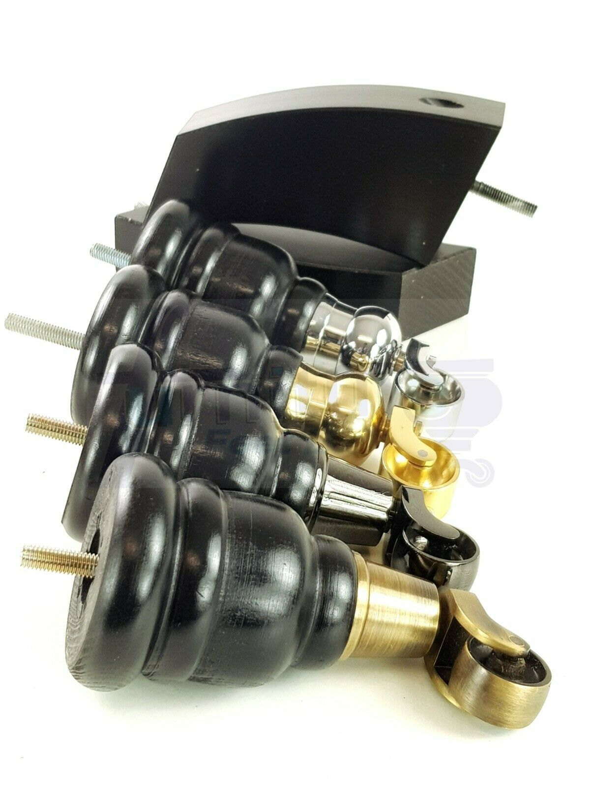 Black Turned Wood Furniture Feet 2 With Castors 155mm and 2 Curved Back Legs Sofas Chairs Stools Cabinets Beds M8 6 Inches