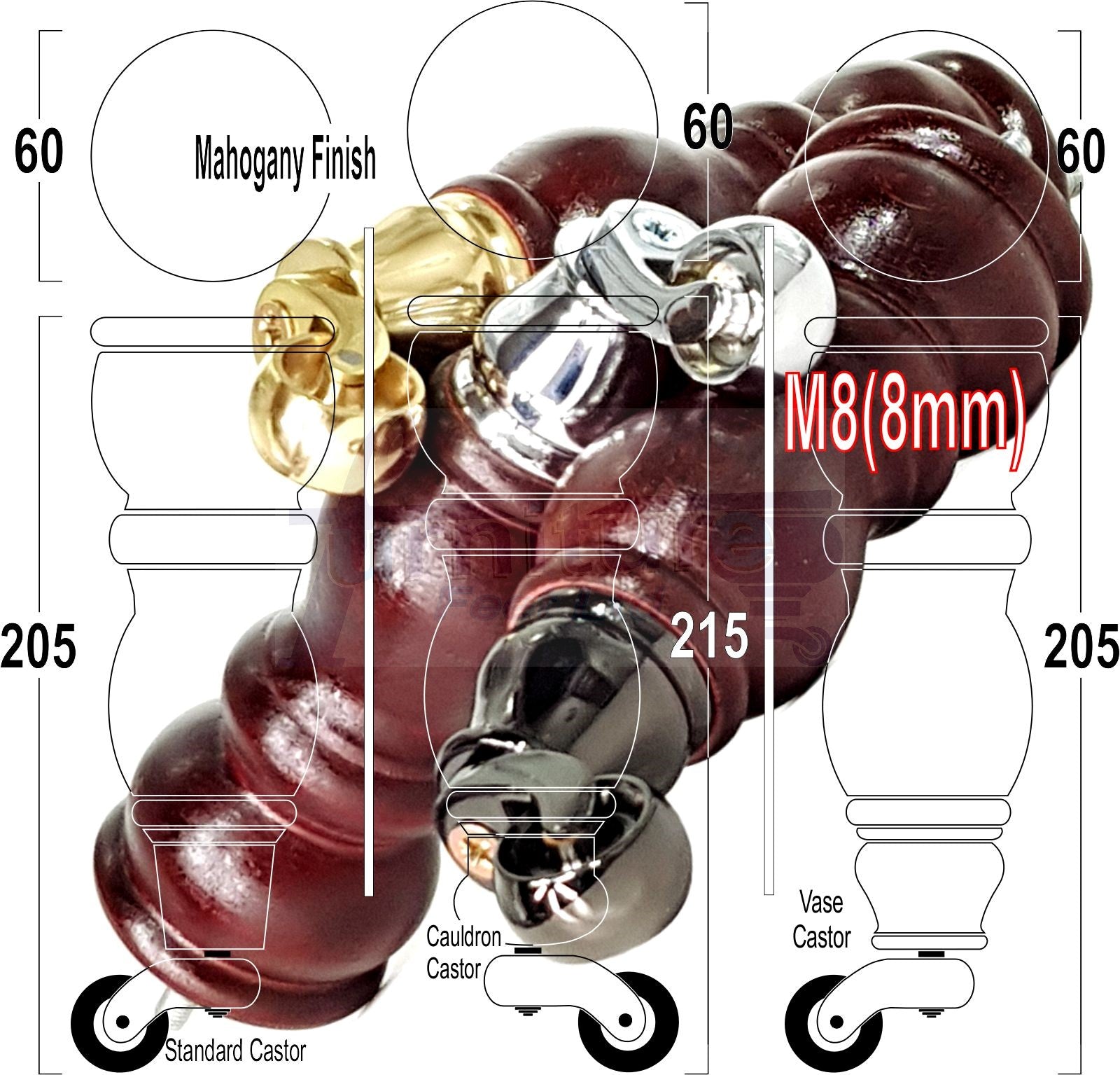Solid Wood Furniture Feet With Castors Set of 4 Legs 205mm High For Sofas Chairs Cabinets & Beds M8 Mahogany Finish