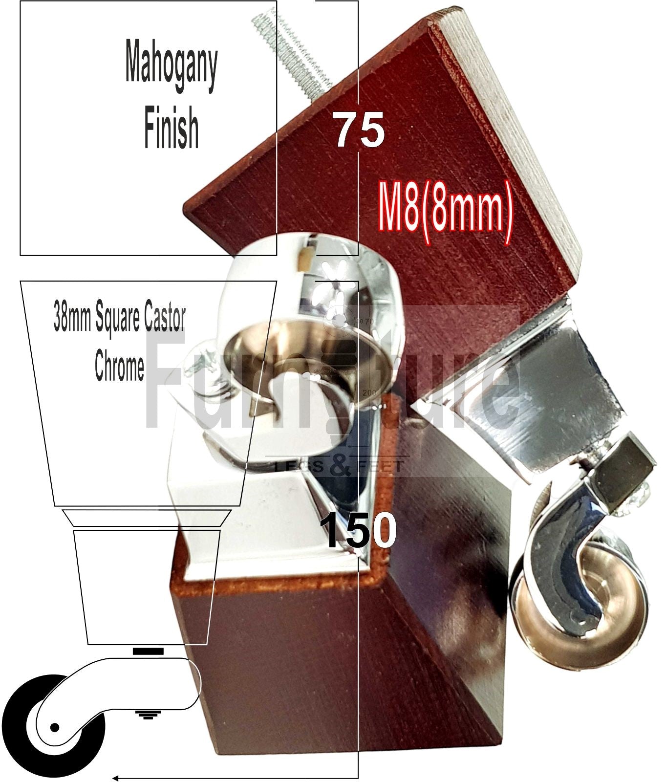 4x Block Wood With Castor Furniture Legs 8mm Thread For Chairs Settees Sofa 150mm
