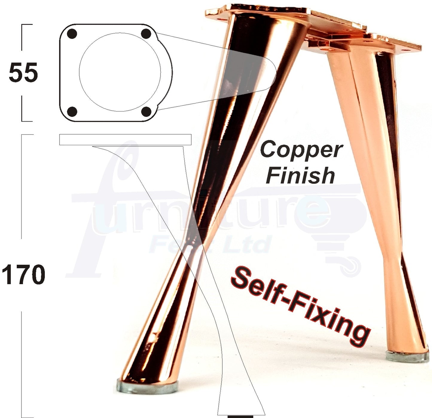4x Metal Furniture Legs Copper Rose Gold 170mm High Self-Fix Modern Feet Sofa Chair Cabinet Table