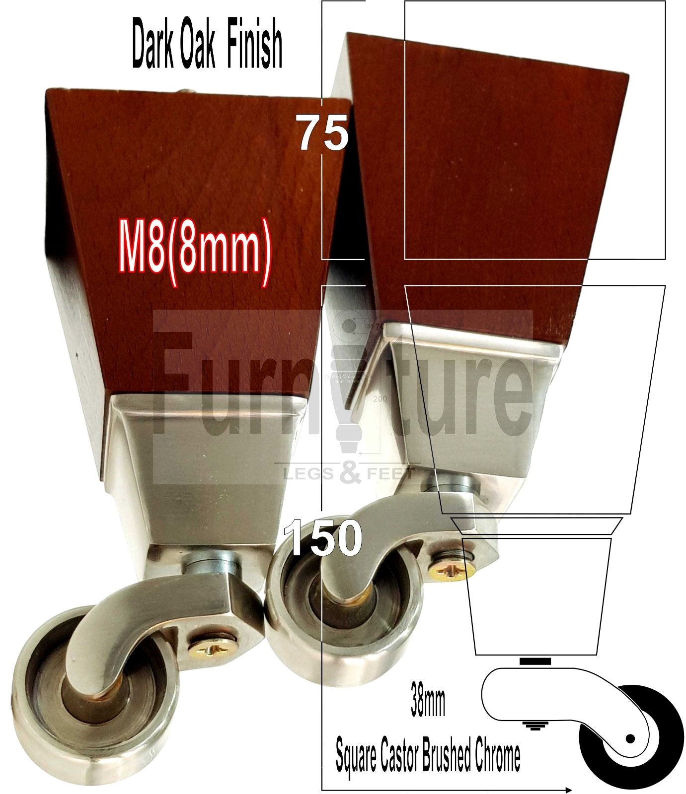 4x Block Wood With Castor Dark Oak Furniture Legs 8mm Thread For Chairs Settees Sofa 150mm High