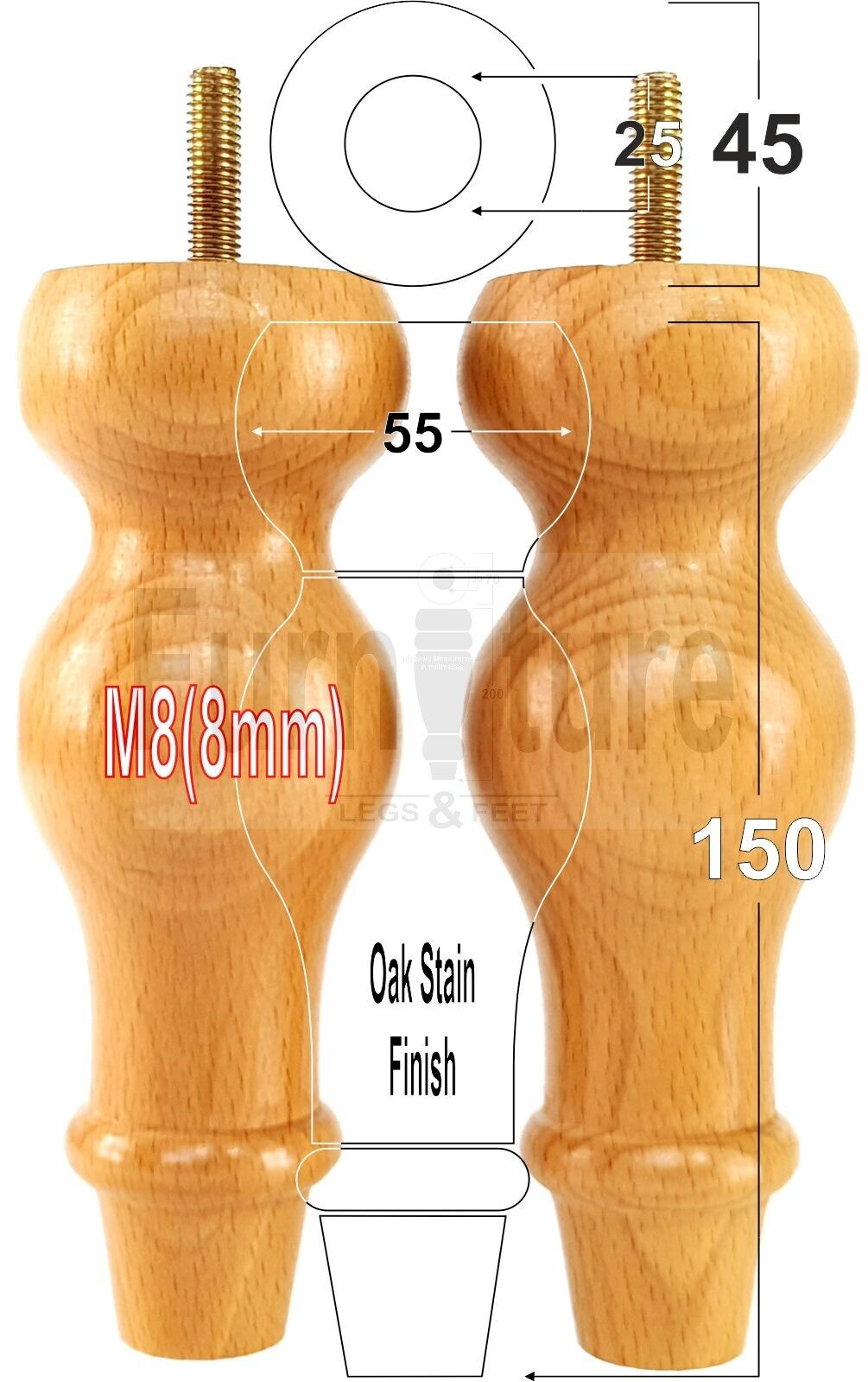 Set Of 4 Solid Wood Turned Furniture Feet Replacement Legs 150mm High 8mm Thread